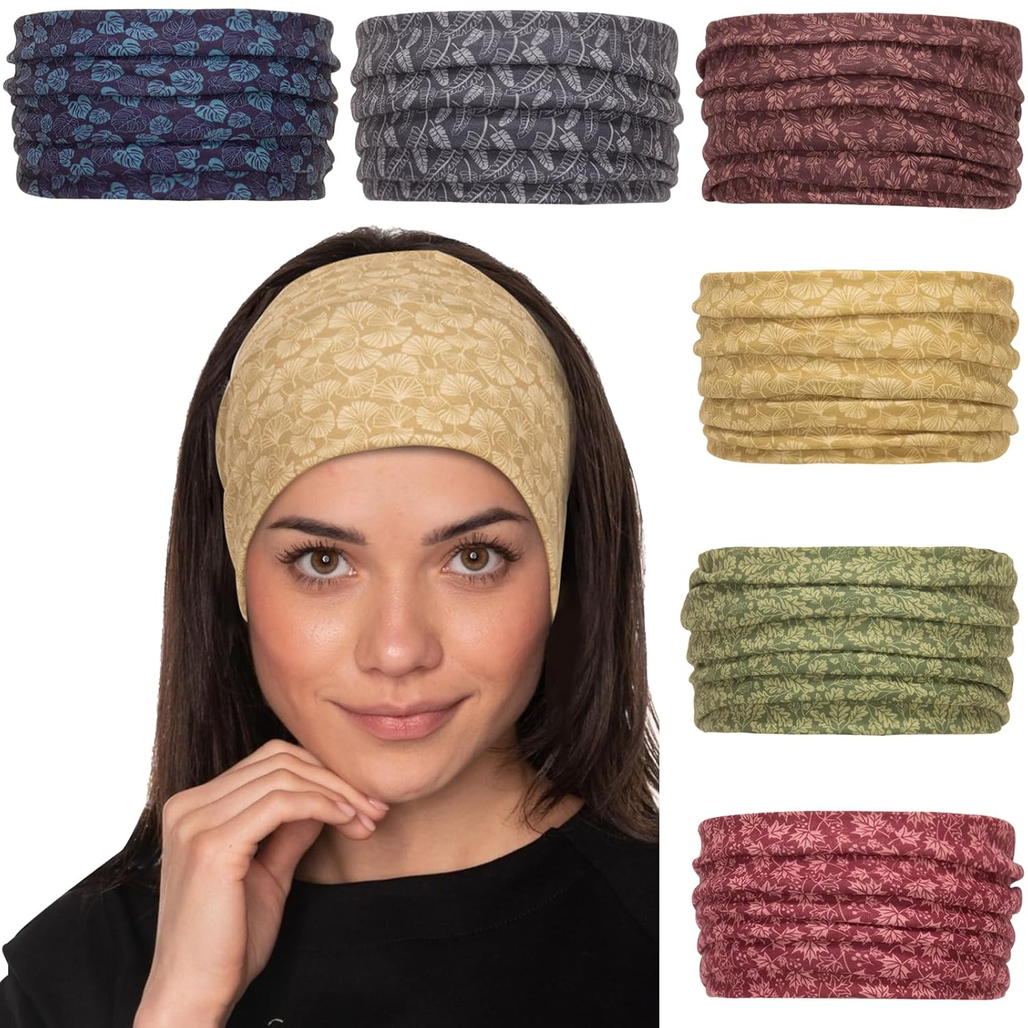 Cobahom 6Pcs Wide Headbands for Women Non Slip Soft Fabric Hair Wrap Boho Head Bands Elastic Sport Hair Bands for Workout Yoga Running (Leaf Pattern)