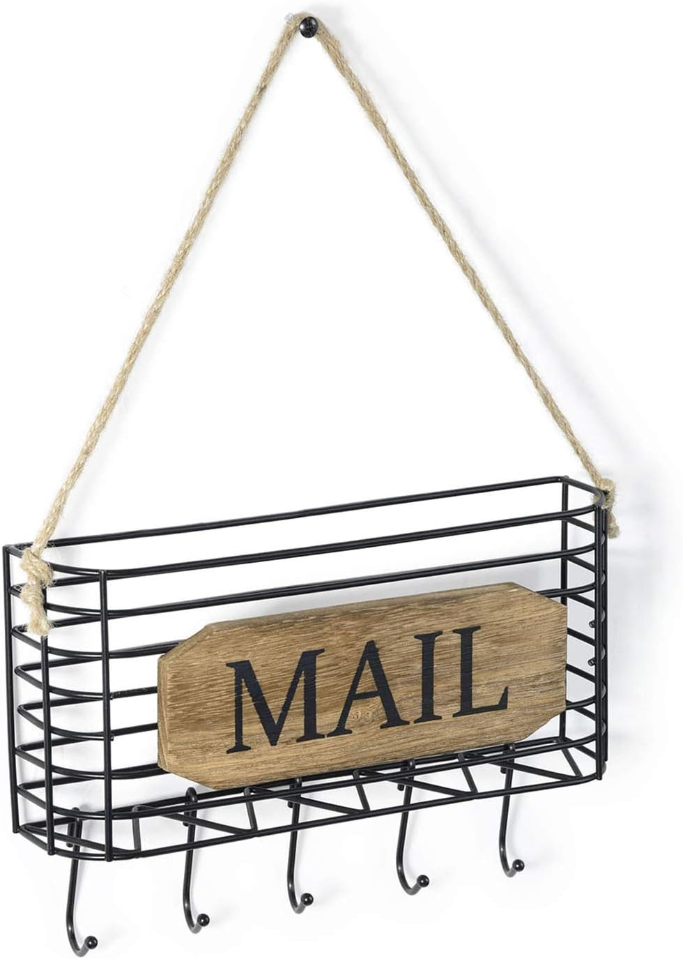 Mail Organizer Wall Mount, Rustic Mail Holder with Hooks, Easy Assembly