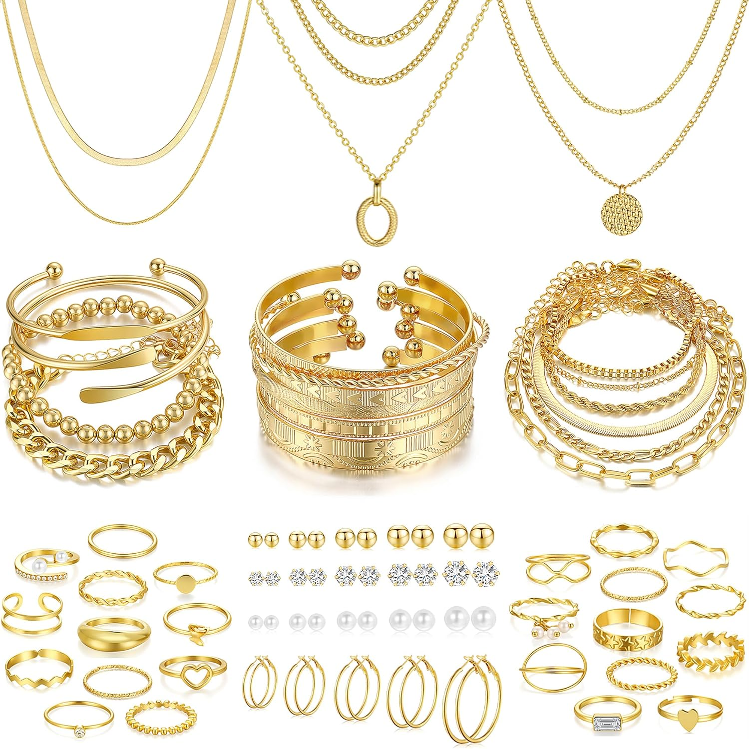 68 Pcs Gold Jewelry Set for Women with 7 Necklace, 17 Bracelet, 5 Hoop Earrings, 15 Stud Earrings, 24 Knuckle Rings for Women Jewelry Set for Women Gift
