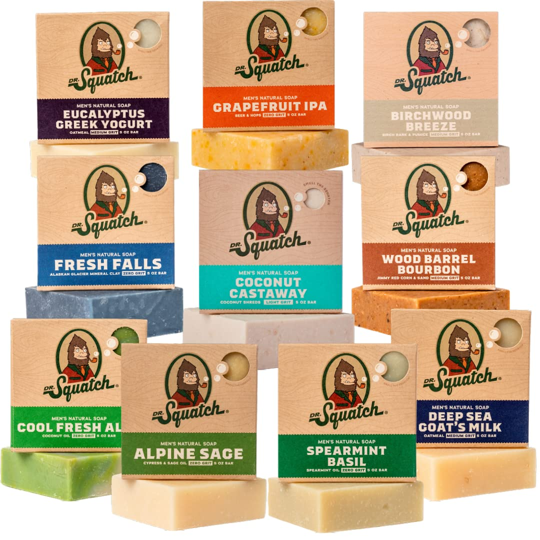 Dr. Squatch Natural Bar Soap for Men Variety Gift Set - Cold Process No Harsh Chemicals - Coconut Castaway, Wood Barrel Bourbon, Fresh Falls, Birchwood Breeze, Cool Fresh Aloe & More (5 Oz, 10-Pack)