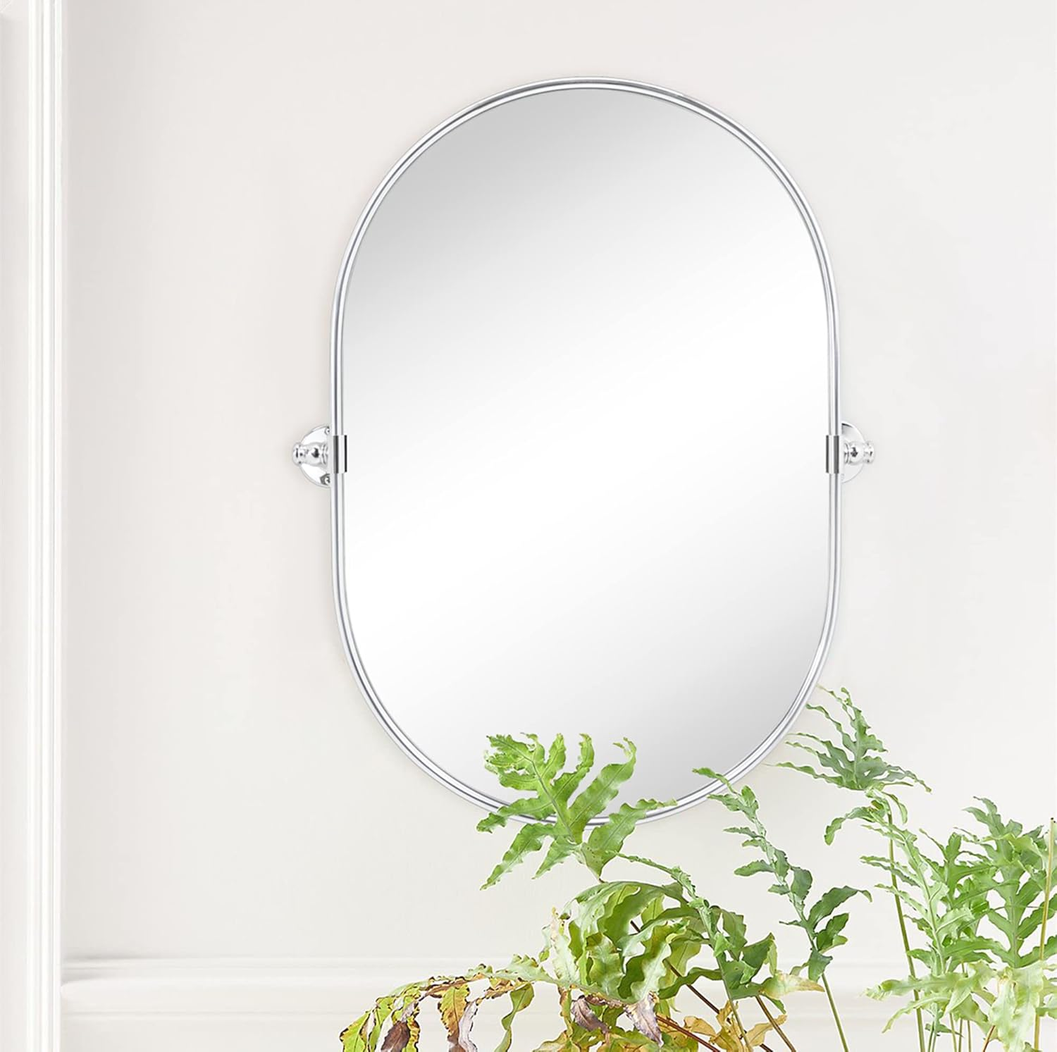 Oval Chrome Pivot Bathroom Mirror Pill Shaped Tilting Bathroom Vanity Mirror Metal Framed Adjustable Mirror, Overall 23.84 X 30 Inches (Mirrror 20 X 30 Inches)