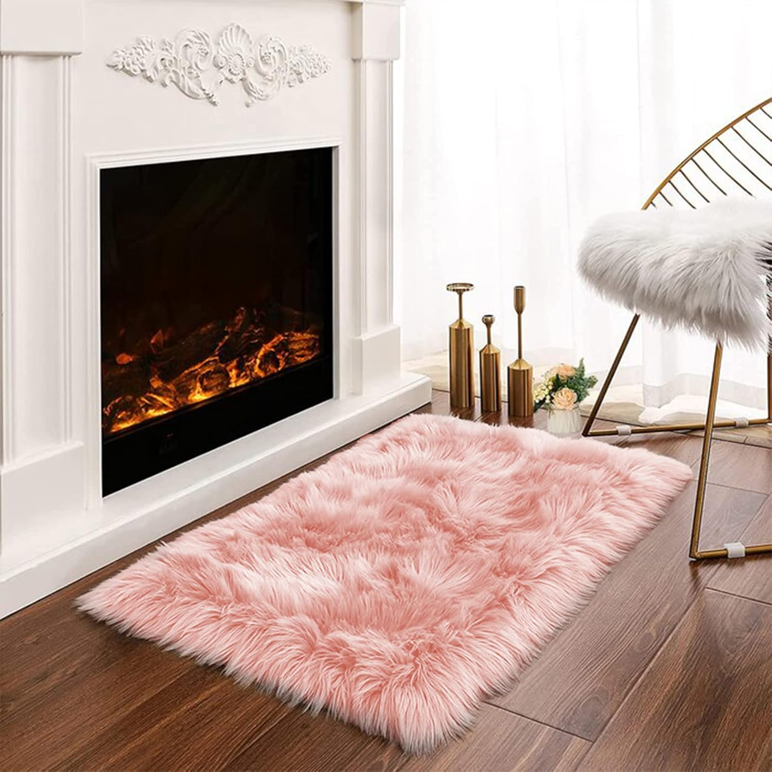Pink 2X3 Faux Fur Rug for Bedroom Decor for Teen Girls Throw Fuzzy Fluffy Furry Sheepskin Rug for Sofa Cushion Luxury Home Décor Rectangle