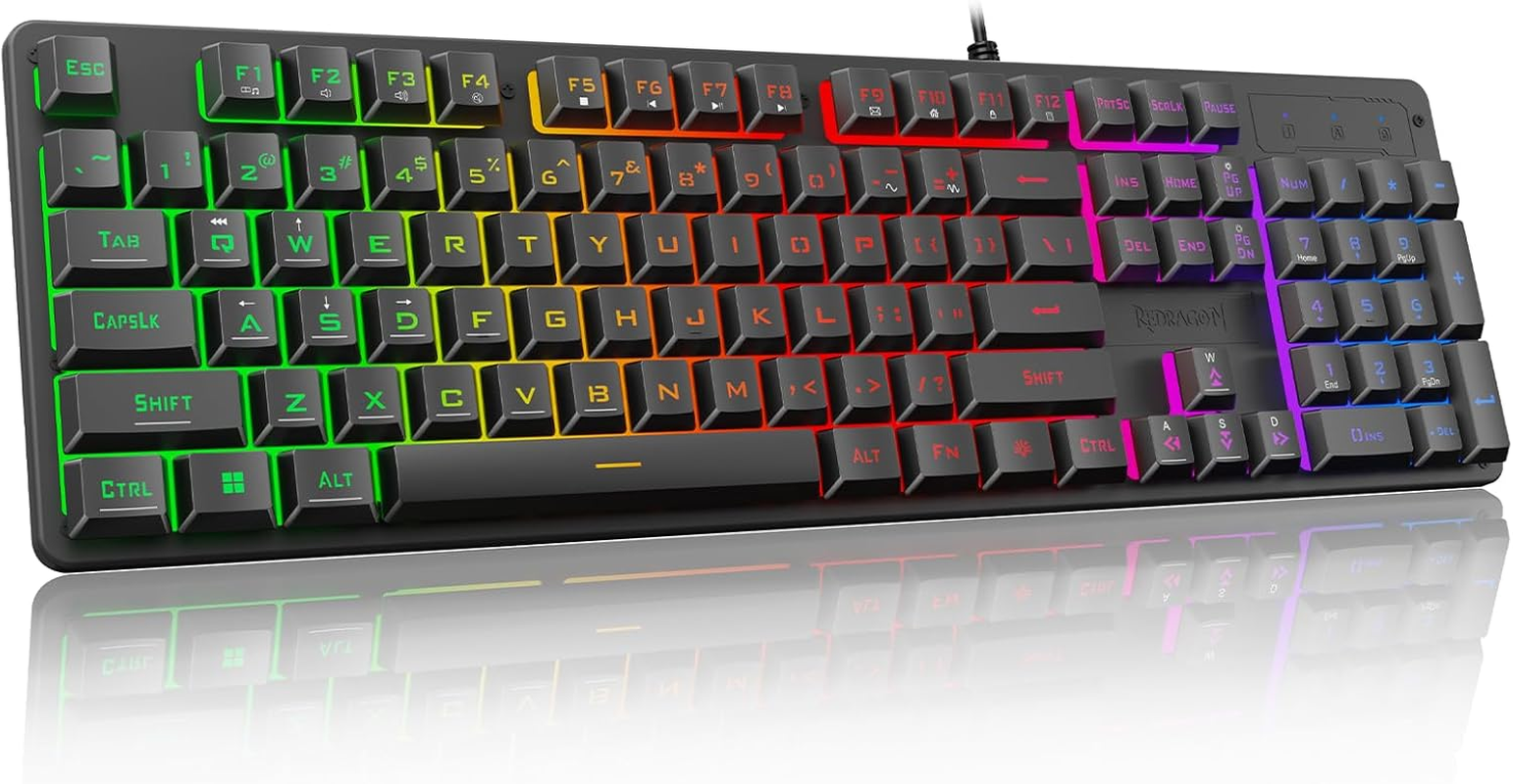 Redragon K521 Upgrade Rainbow LED Gaming Keyboard, 104 Keys Wired Mechanical Feeling Keyboard with Multimedia Keys, One-Touch Backlit, Anti-Ghosting, Compatible with PC, Mac, PS4/5, Xbox