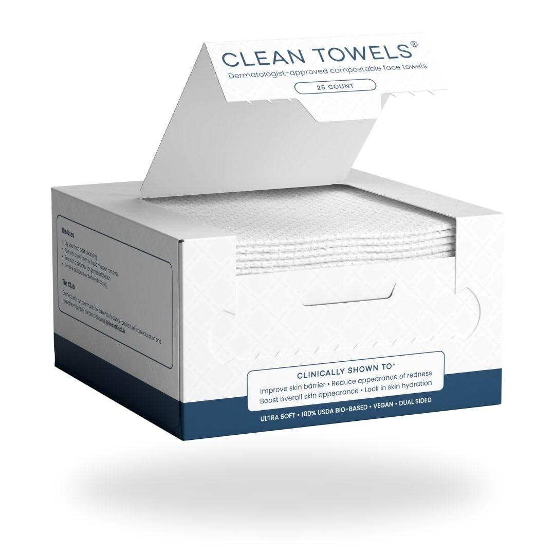 Clean Skin Club Clean Towels™, 100% USDA Biobased Dermatologist Approved Face Towel, Disposable Clinically Tested Face Towelette, Facial Washcloth, Ultra Soft Makeup Remover Dry Wipes, 1 Pack, 25 Ct