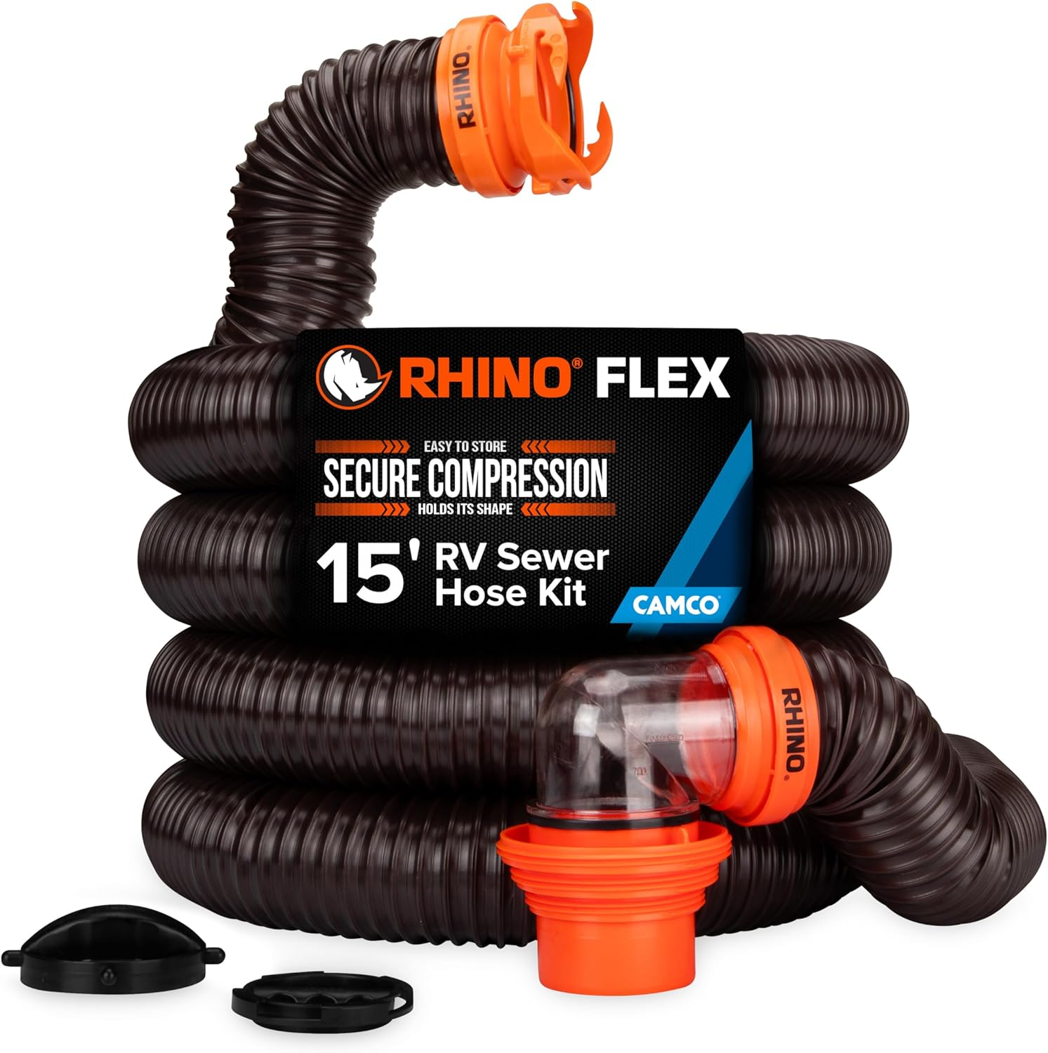 RhinoFLEX 15' Camper/RV Sewer Hose Kit — Includes 4-in-1 Adapter, Clear Elbow, & Caps — Connects to 3″ Slip & 3″, 3 1/2″, 4″ NPT Threaded Sewer Connections (39770)