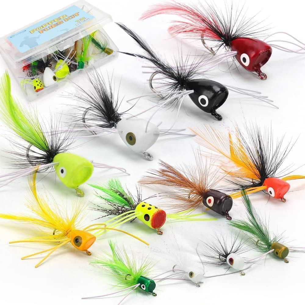Fly Fishing Poppers Flies, Fly Popper Lures Bass Bluegill Crappie Trout Salmon Panfish Perch Popper Flies Kit for Fly Fishing