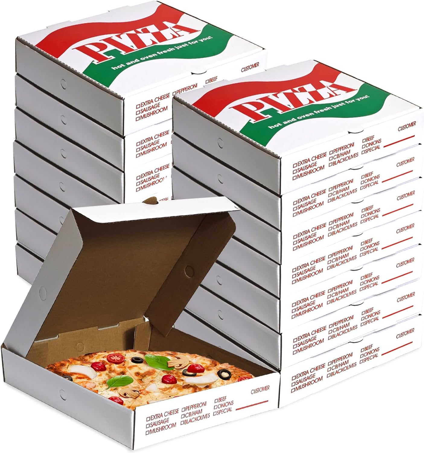 15 Pack 8.4x8.4x1.7 Inch White Kraft Corrugated Pizza Boxes - Colorful Printed Ventilated Takeout Containers for Personal Size Pizzas