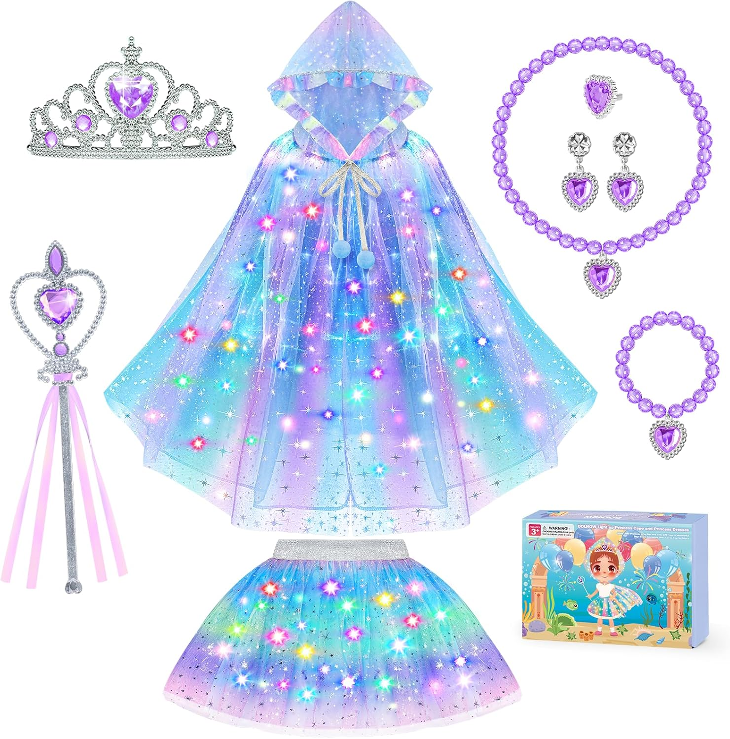 Princess Dress up for Girls, Unicorn Light up Princess Cape Princess Dress Costume Crown Gift for Girls 3 4 5 6