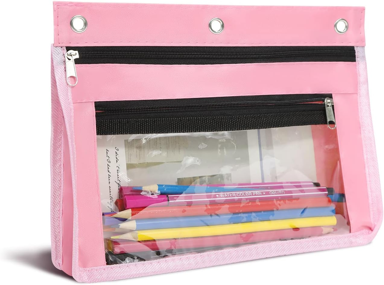 1 Pack Pencil Pouch for 3 Ring Binder, Expandable Binder Pouches with Zipper, Large Capacity Pen Holder Case with Clear Window School Class Office Organizers, Pink