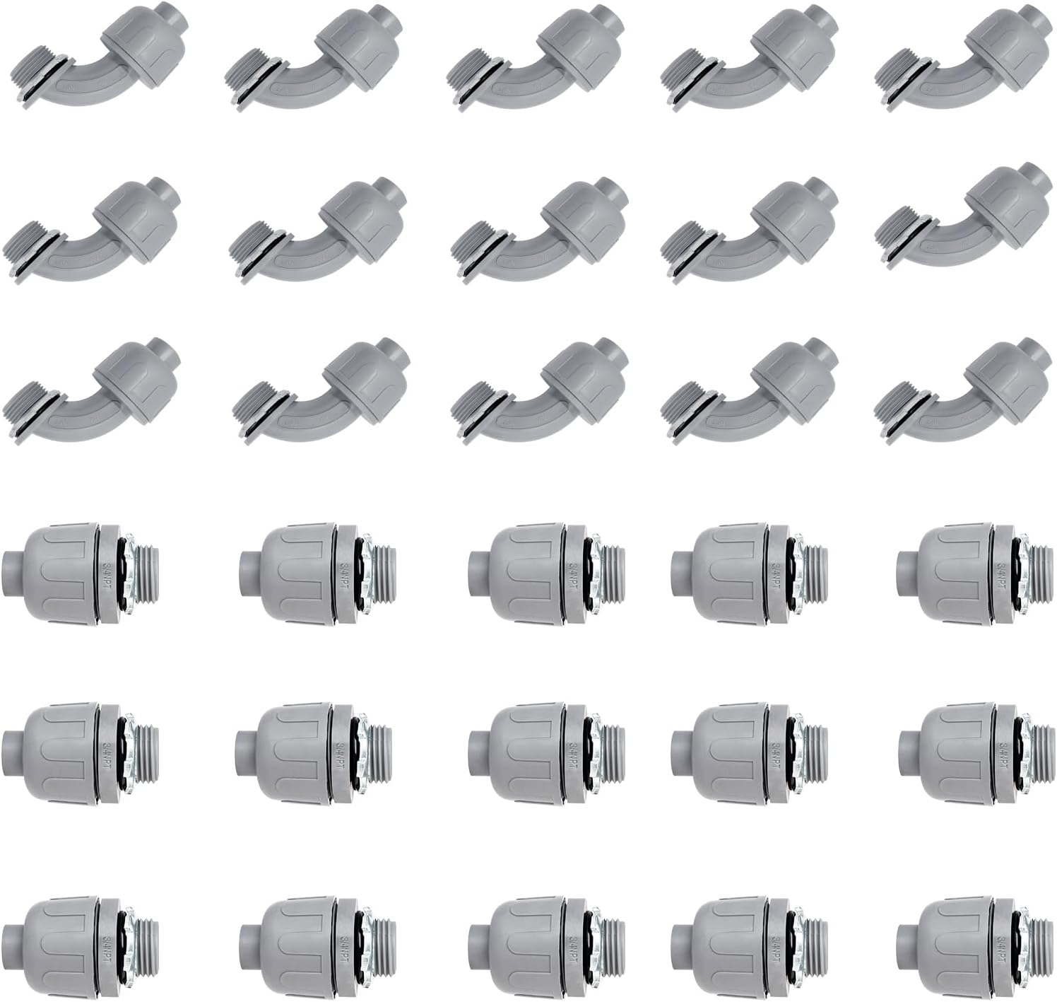 3/4 Inch Liquid Tight Connector PVC Flexible Conduit Connector UL Listed Liquid Tight Connector Non-Metallic Electrical Conduit Fittings 30 Pack (15 Pcs 180D/15 Pcs 90D)