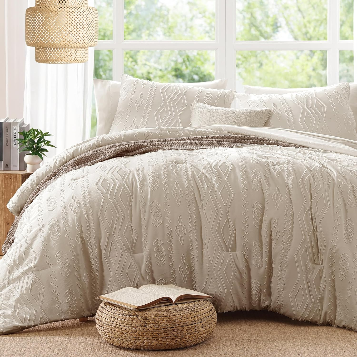 King Size Comforter Set Beige, Tufted Boho Bedding Farmhouse Bed Set, All Season 7 Pieces Bed in a Bag with Sheets, Pillowcases & Shams