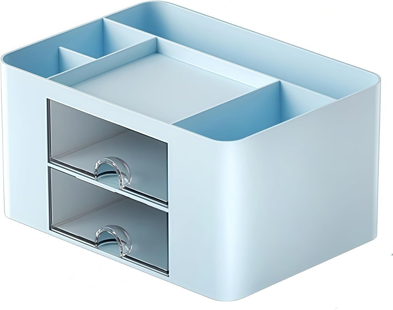 Desk Organizer with Drawer - Office Vanity Organizer with 5 Compartments + 2 Drawers for Art Supplies (Blue)