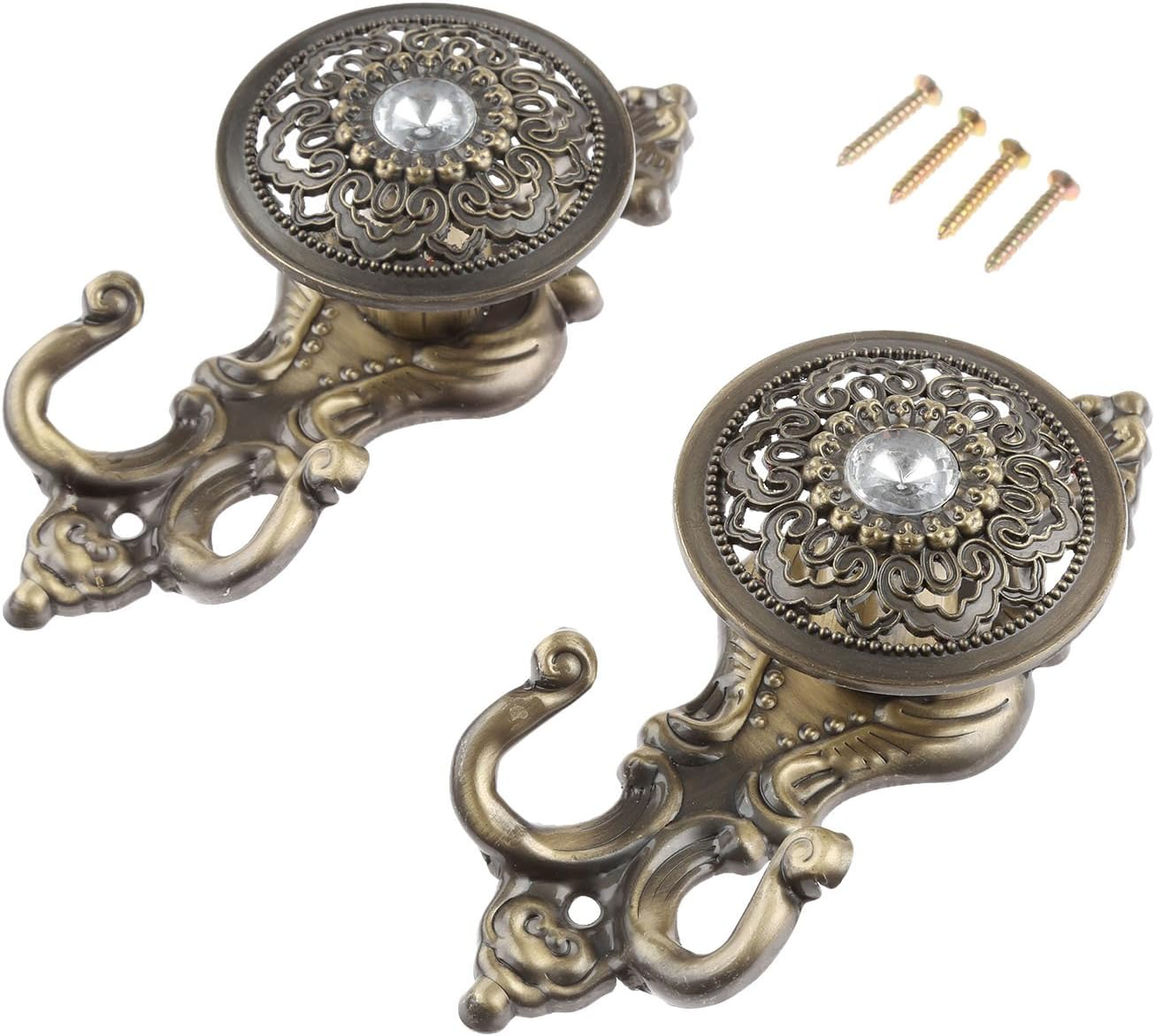2Pcs Vintage Curtain Tiebacks Hook Bronze+Crystal Decor Wall Hooks Window Holdback Clothes Hanger with Screws