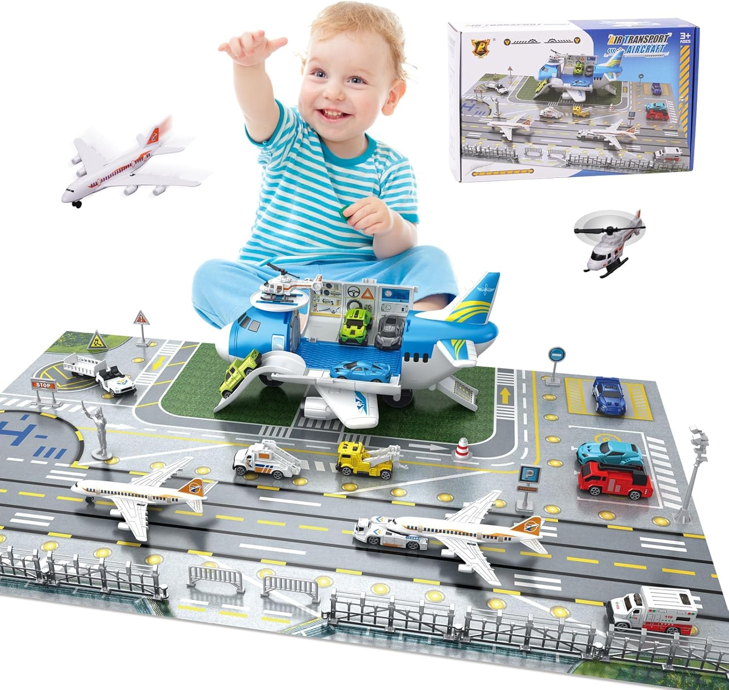 Airplane Toy Car Toy Set Airport Playmat with Helicopter, Truck, Plane, Sign Parking Lot Toy Set with Traffic Signs and Road Accessories Transport Airplane Scene Play Mat for Toddler Age 3+