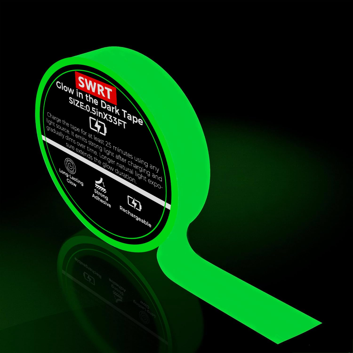 SWRT Glow in the Dark Tape 33FT X 0.5Inch, Long-Lasting Bright Fluorescent Glow