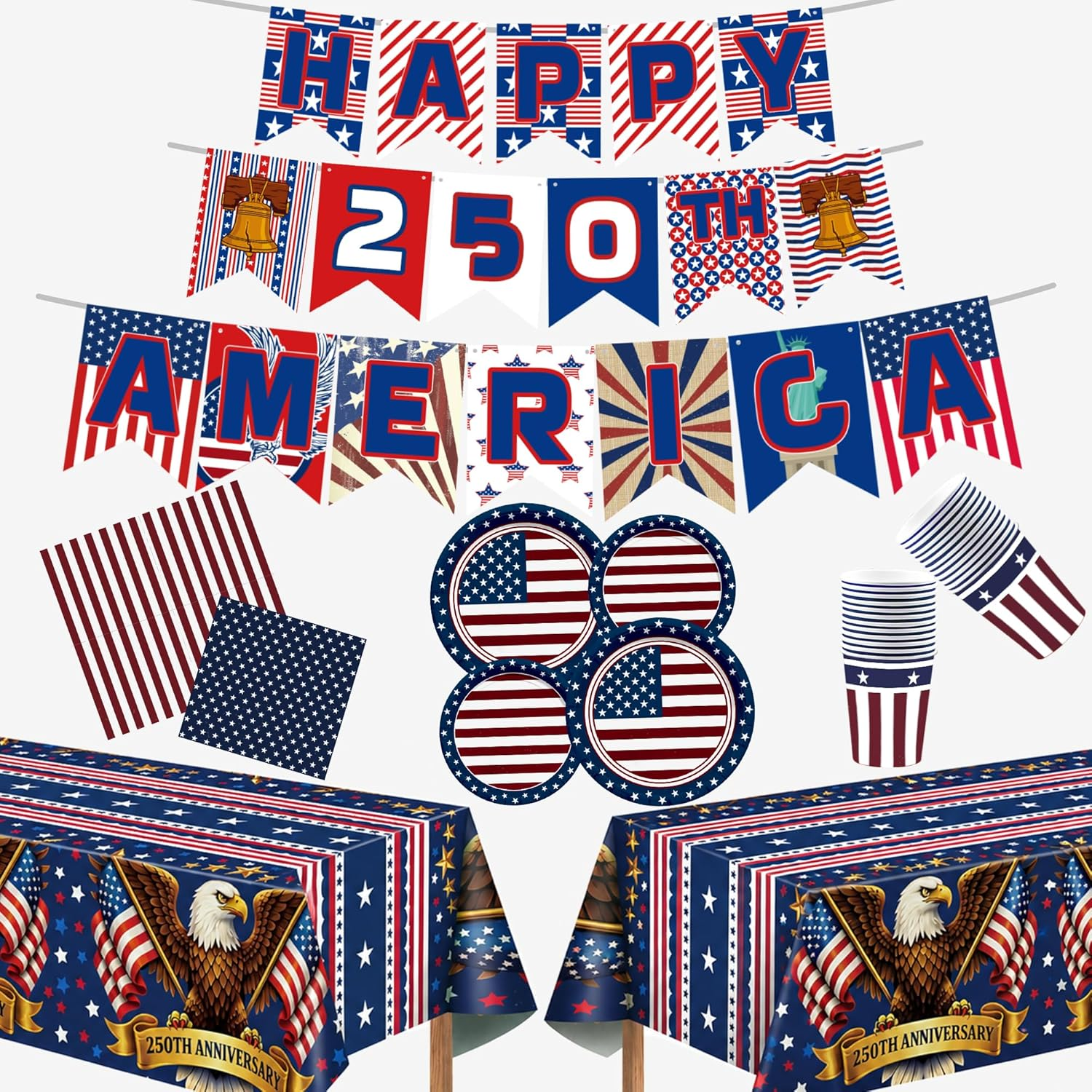 140 Pack 250Th Anniversary Decorations- Serve 24 - Patriotic Plates Tablecloth Napkins Cups Banner | 4Th of July Accessories for 250Th Anniversary Merchandise Home Indoor Outdoor