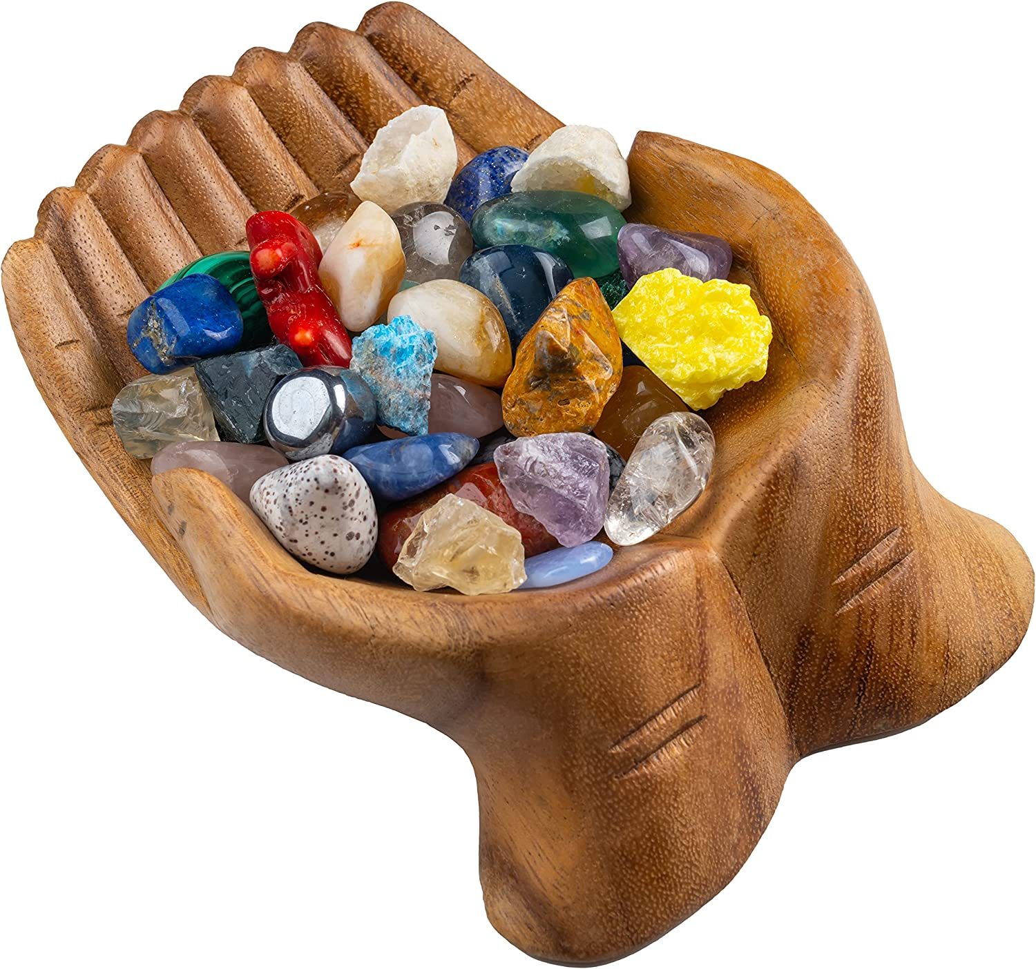 Carved Hands Offering Bowl - Crystal Holder for Stones, Rock Collection Holder, Crystal Display Storage Tray, Wooden Hands Bowl for Keys - Rock Display Case for Shelf, Stand, Altar Decor (M)