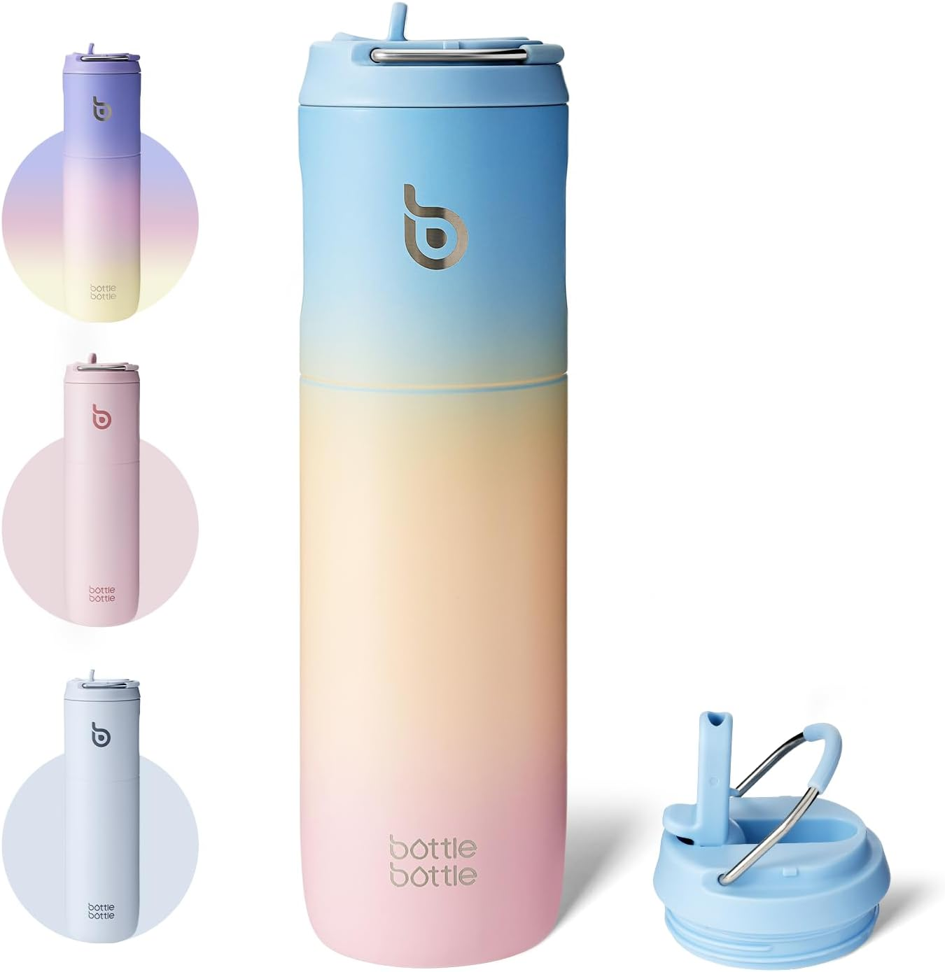 Insulated Water Bottle 24Oz with Straw Lid and Handle for Sports Travel Gym Stainless Steel Water Bottles Double-Wall Vacuum Metal Bottles Leak Proof Bpa-Free (Blueyellowpink)