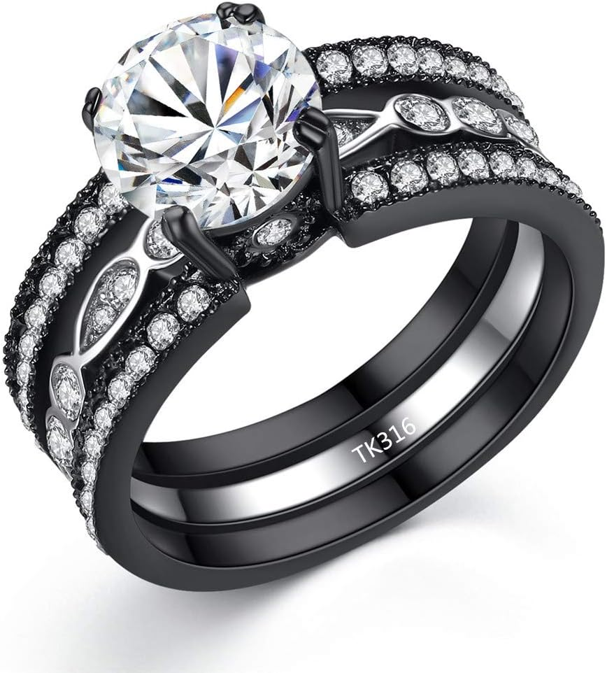 CZ Black Wedding Band Engagement Ring Sets Stainless Steel round Cut Cubic Zirconia Rings for Women