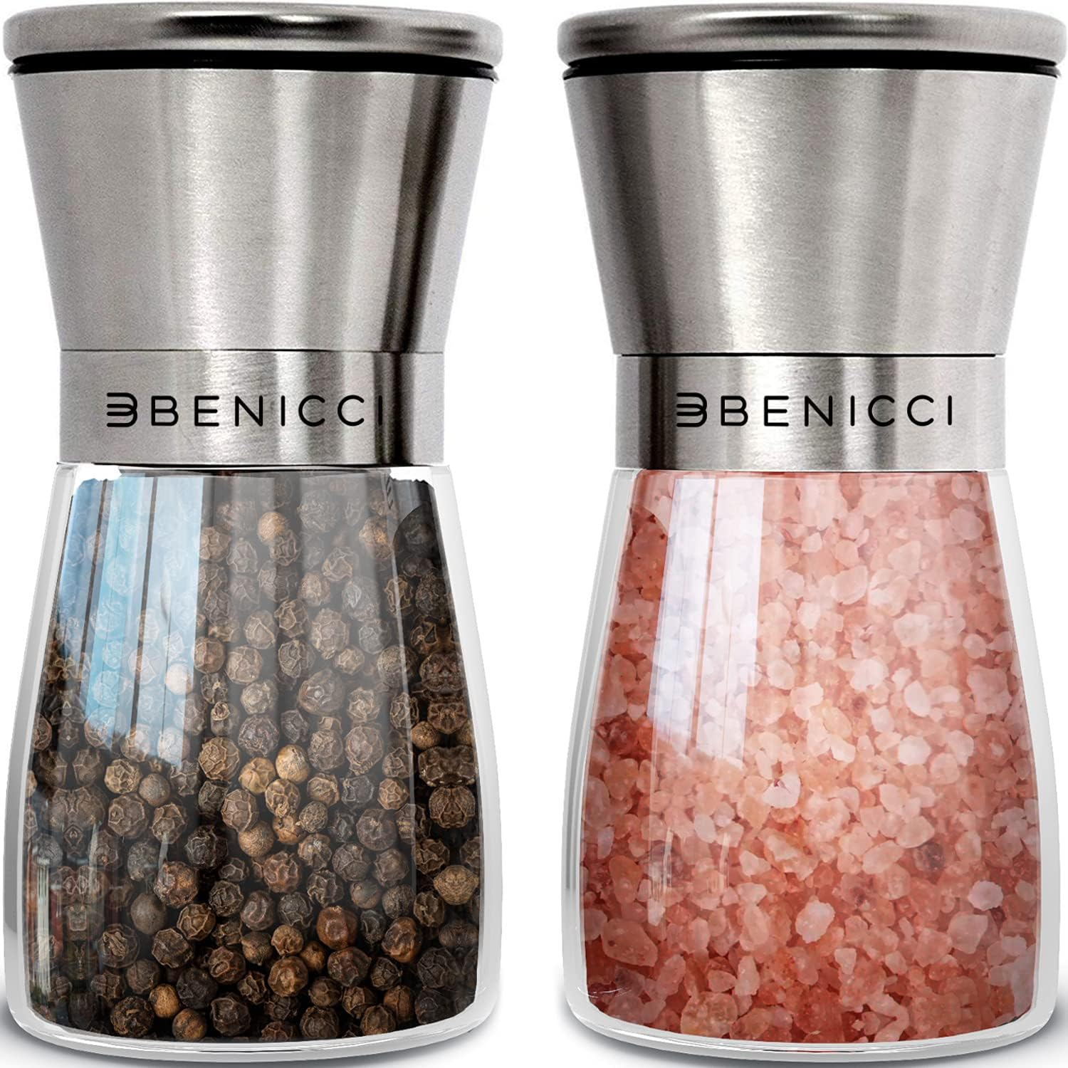 Beautiful Stainless Steel Salt and Pepper Grinder Set of 2 - Pepper Mill & Salt Mill with Adjustable Coarseness - Glass Spice Shakers - Easy Clean Ceramic Grinders W/Spoon & Cleaning Brush