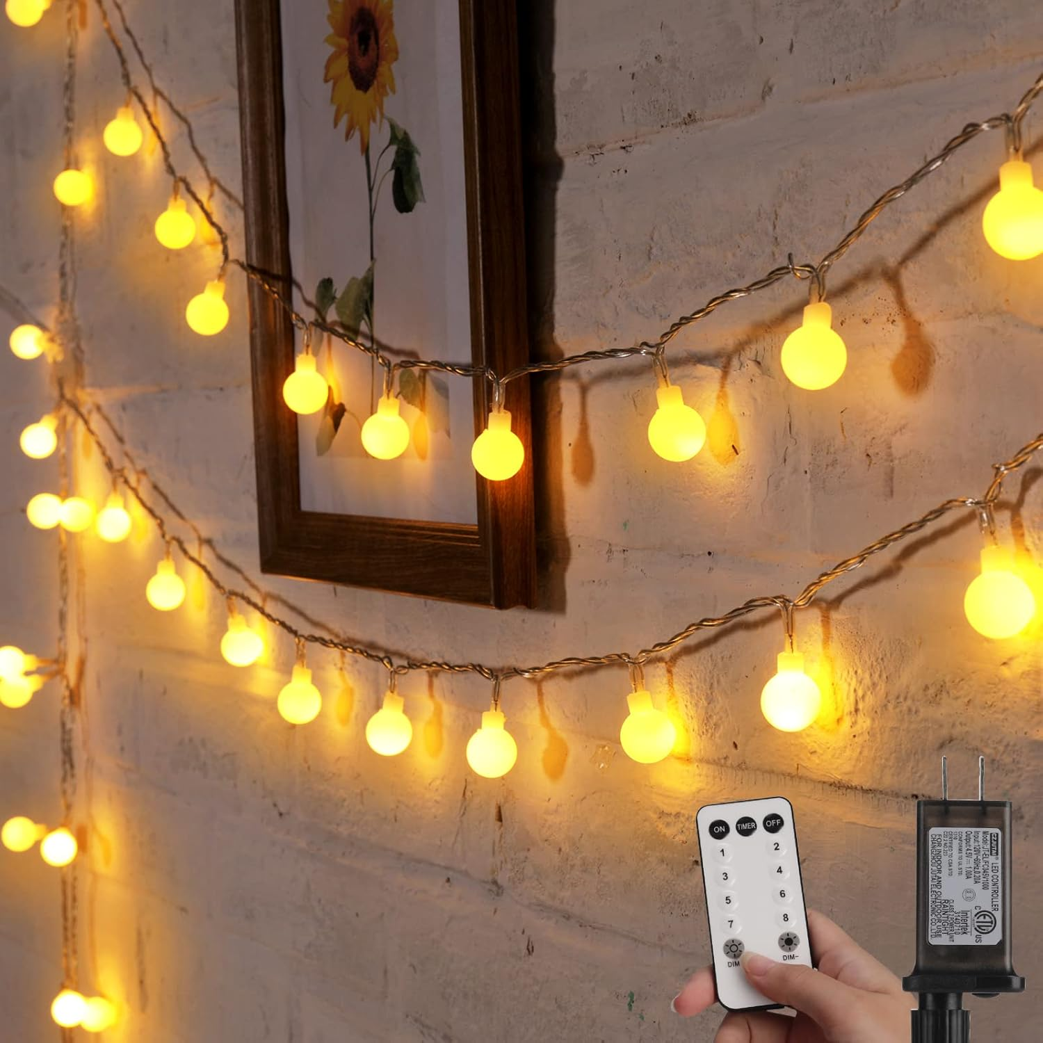 Globe String Light Plug in 33 Ft 100 Led Fairy Light 8 Modes, Remote, Warm White
