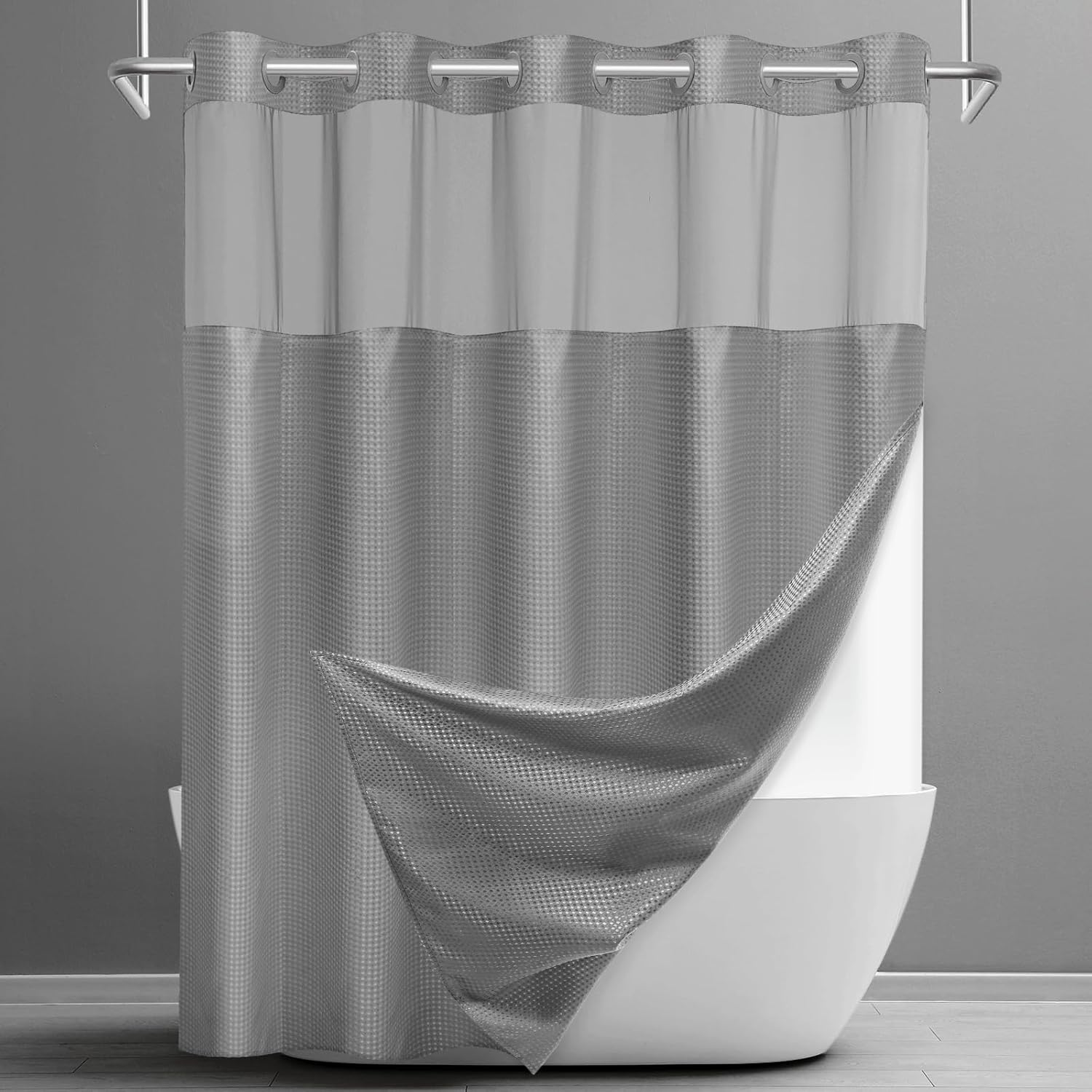 No Hook Shower Curtain with Snap in Liner Set Waffle Shower Curtain for Bathroom Hotel Style Fabric Waterproof Inner Liner，71