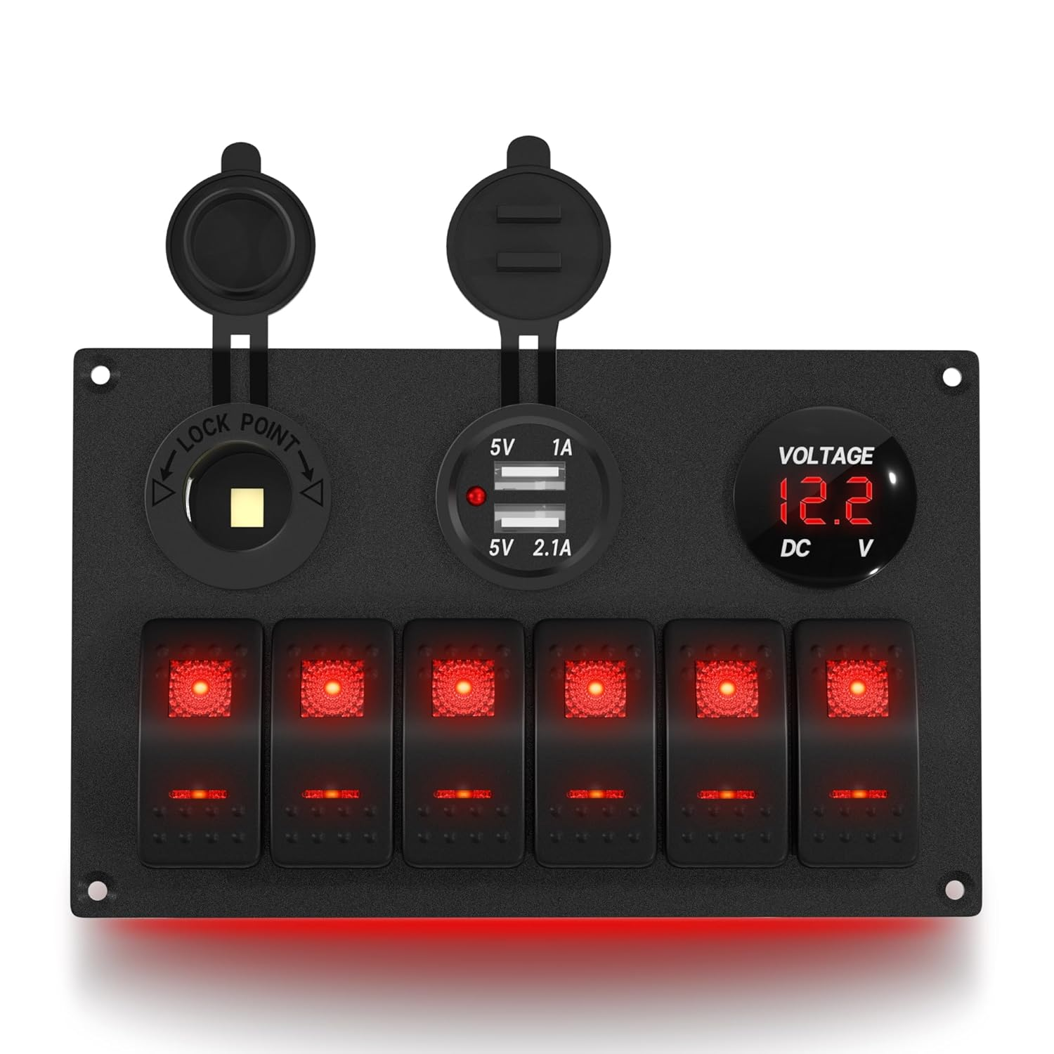 6 Gang Rocker Switch Panel 12V Marine Switch Panel Waterproof Red LED 5 Pin Marine Rocker Switch Panel with USB Cigarette Lighter Socket Voltmeter for Boat Automotive Car