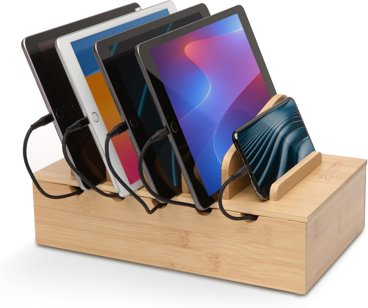 Wooden Charging Station Organizer - 5-Port Base for Phones, Tablets and Laptops - Multi-Device Docking Station with Removable Divider Slots - Cord Box with Cable Management - Bamboo