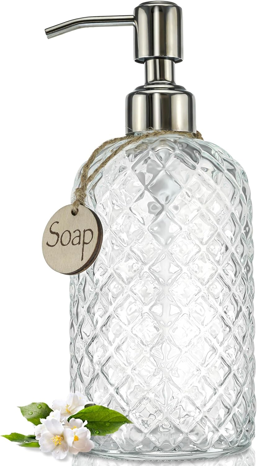JASAI 18Oz Gem Patterned Clear Glass Soap Dispenser with Rust Proof Pump