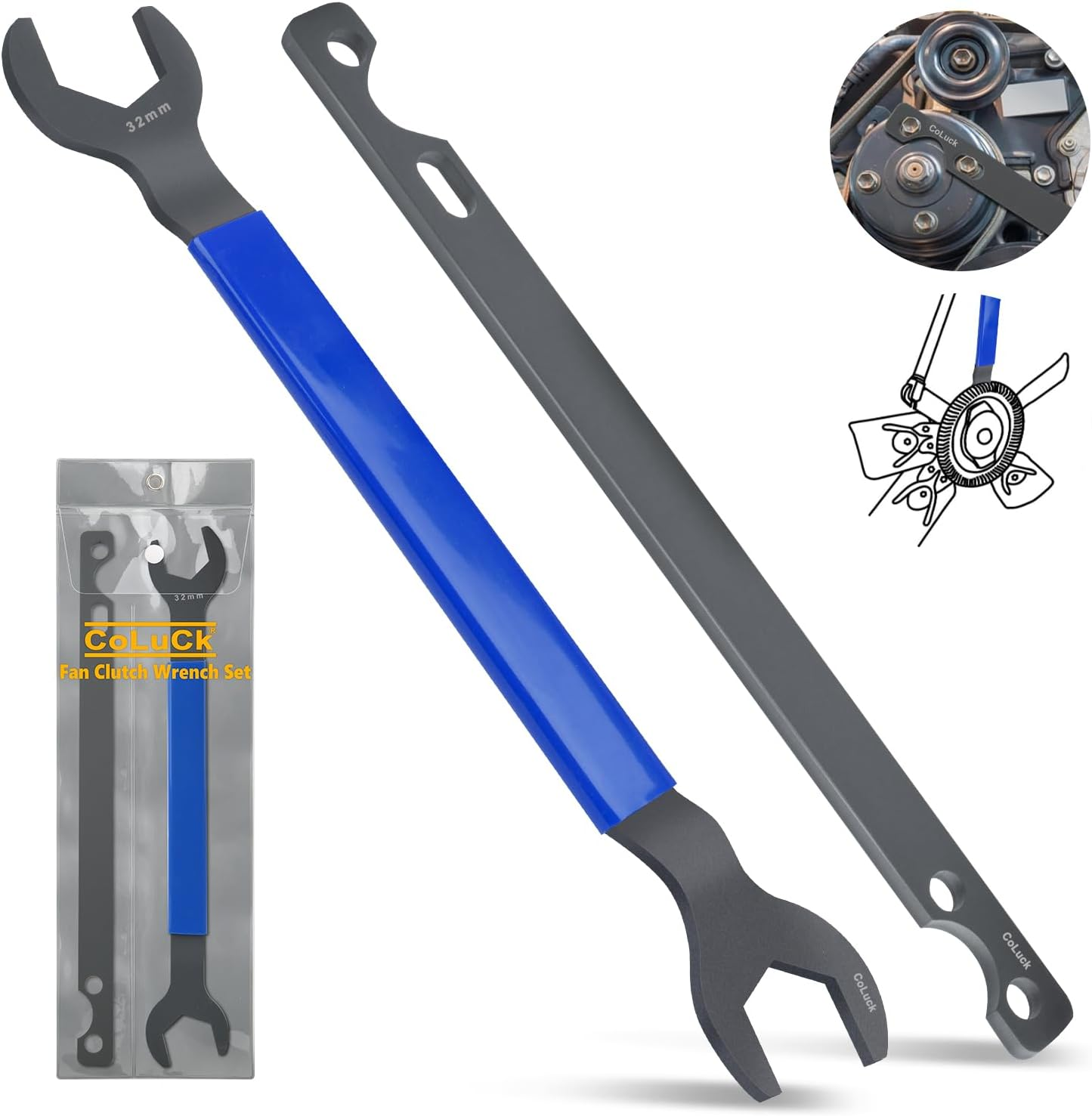 Fan Clutch Wrench Set - 32mm & 36mm Removal Tool Compatible With BMW, Ford, GM, Chevrolet - Water Pump Holder and Nut Wrench Kit