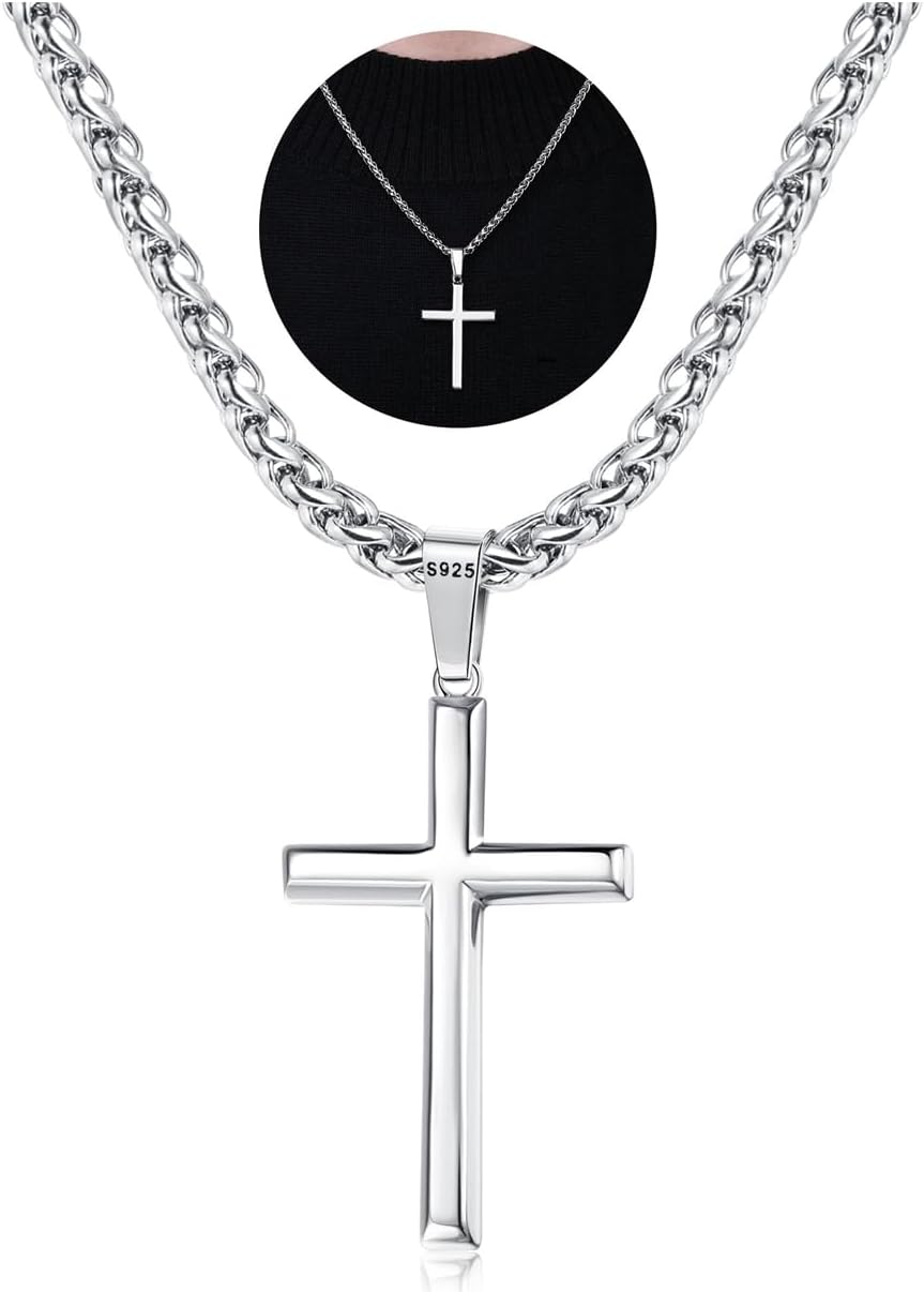 925 Sterling Silver Cross Necklace Men-Removable Silver Cross Pendant with Hypoallergenic 316L Stainless Steel Wheat Chain Crucifix Necklace Jewelry for Mens Women, 16-30 Inches