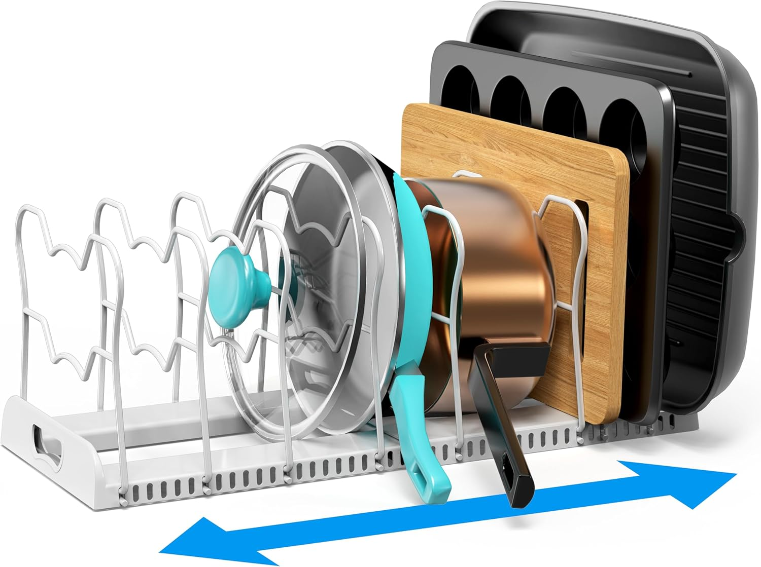 Expandable Pan Organizer Rack 10 Adjustable Compartments Kitchen Cabinet Storage White