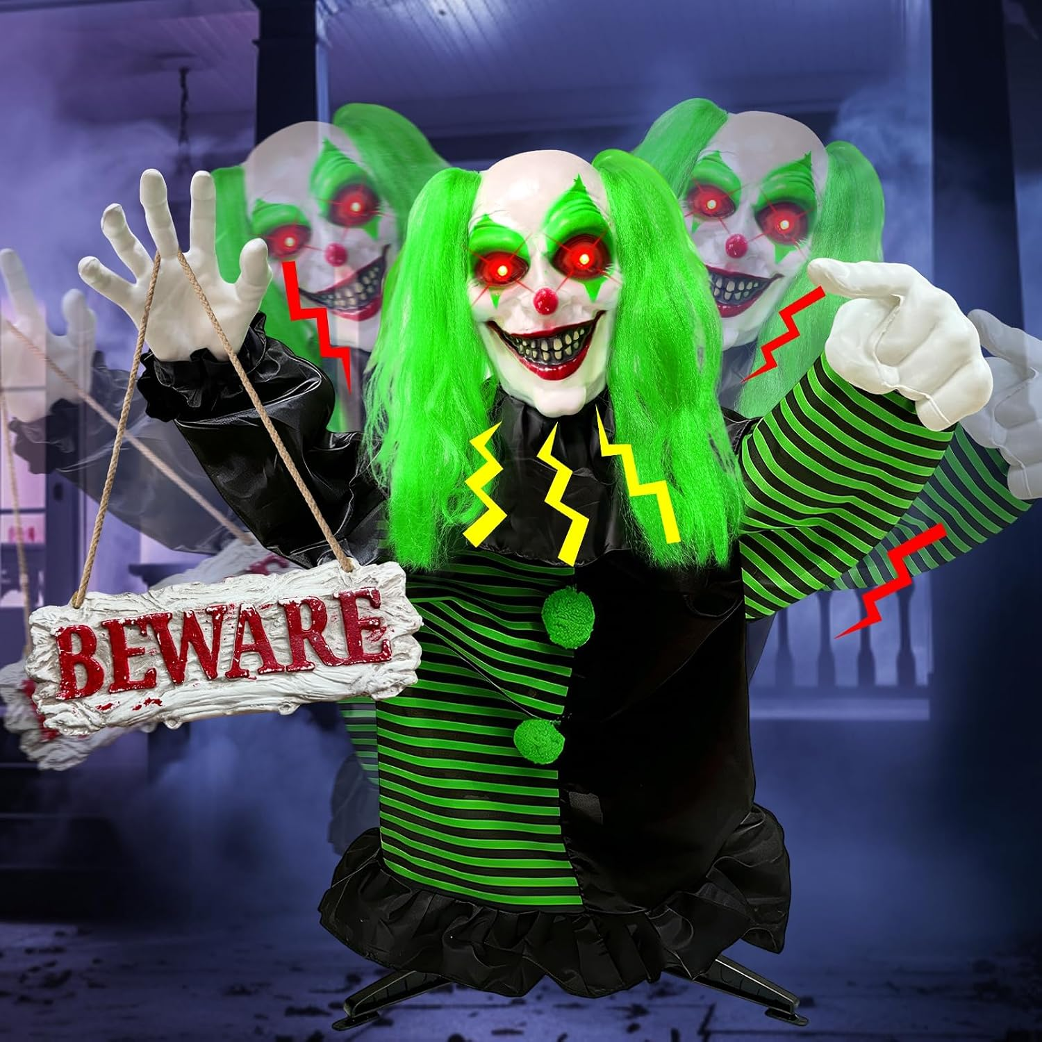 [Talking & Sound Activated] 3 Ft Scary Halloween Animatronic Decorations Outdoor Standing Clown with Light up Red Eyes & Shake Body, Creepy Sound Halloween Haunted House Props Holiday Yard Decor
