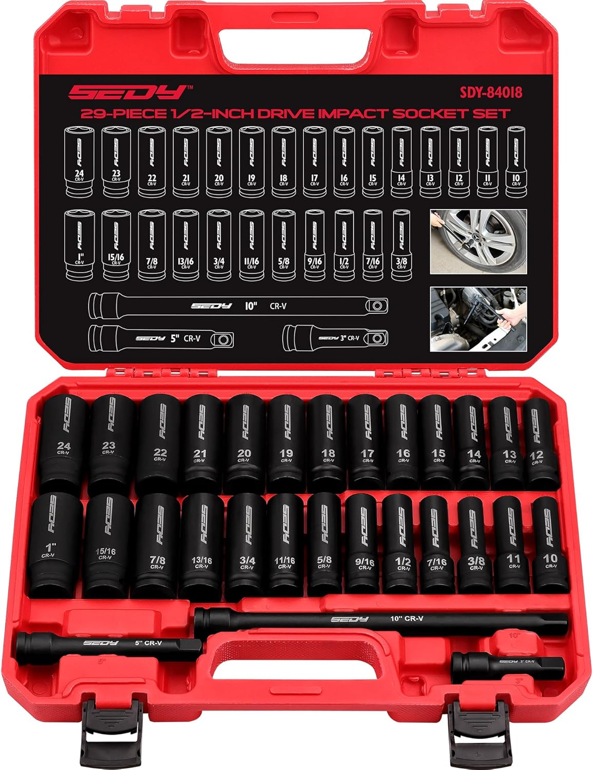 29-Piece 1/2 Drive Impact Socket Set SAE & Metric, CR-V Steel, Deep + Ext Bars 29-Piece 1/2 Drive Impact Socket Set SAE & Metric, CR-V Steel, Deep + Ext Bars