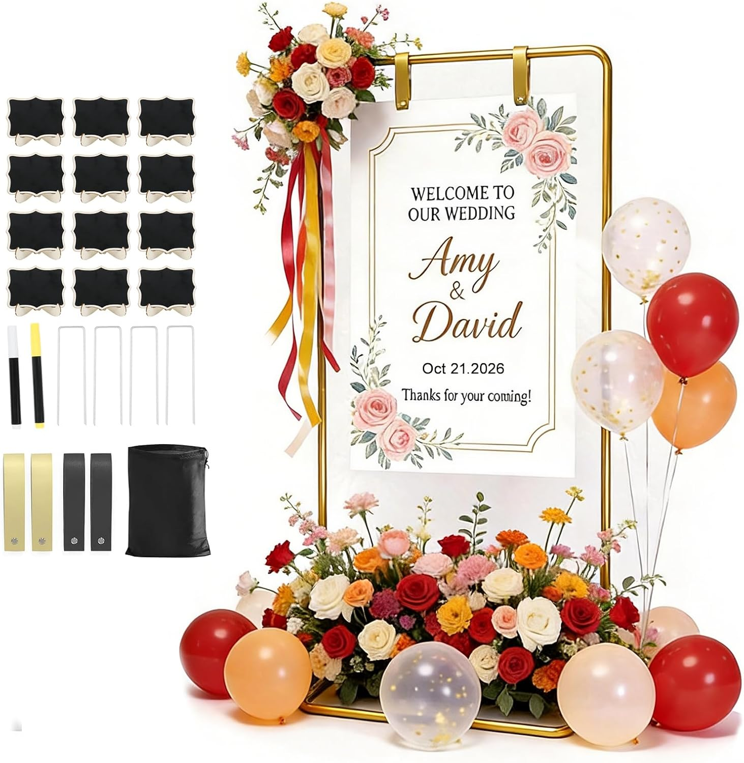 Elegant Wedding Welcome Sign Stand with Leather Straps and Chalkboard Signs