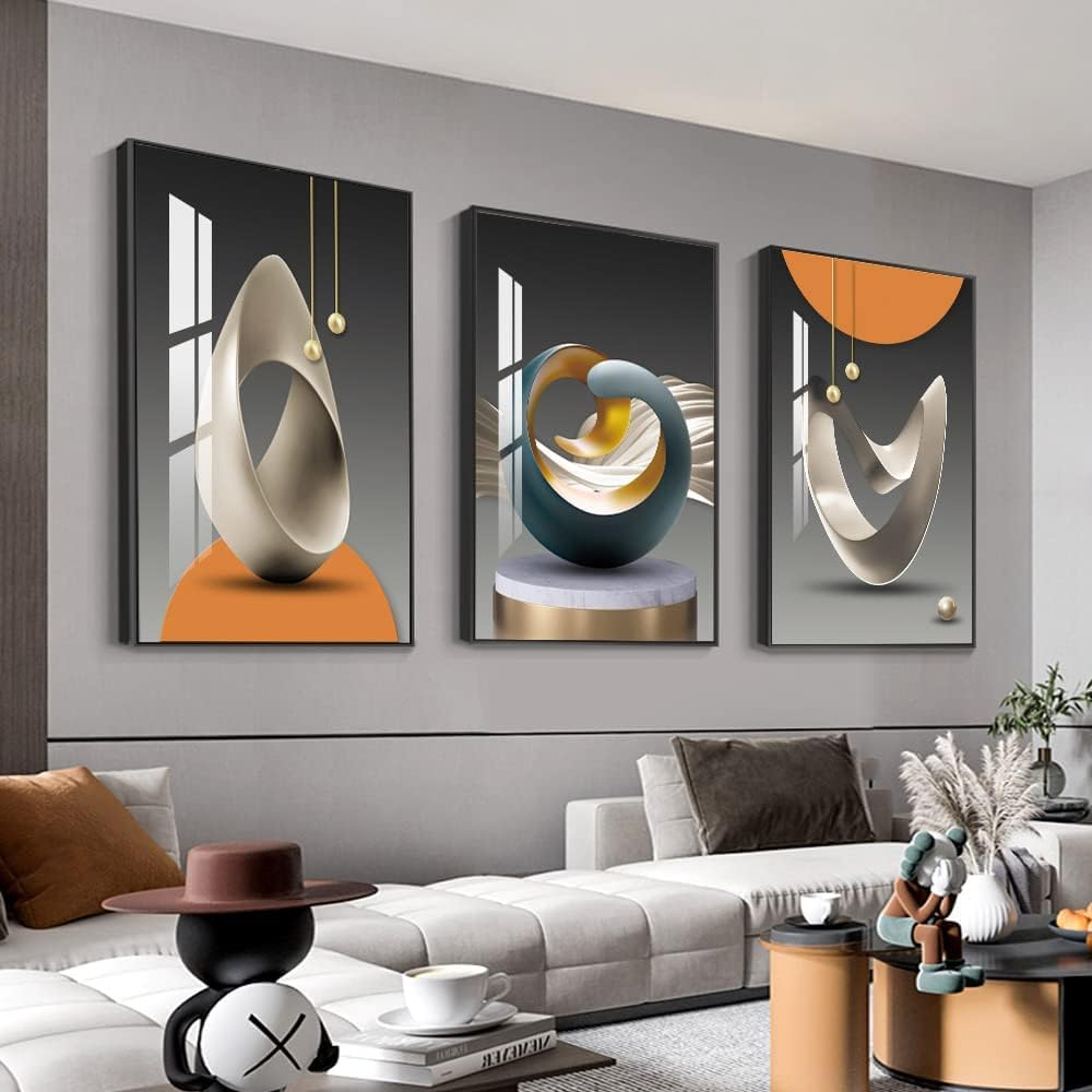 Wall Art, Bright Style Framed Wall Art, Abstract Modern Art Shape Pattern White Blue Yellow Grey Wall Art Artfully Matching Living Room Bedroom Office Wall Decor - 16