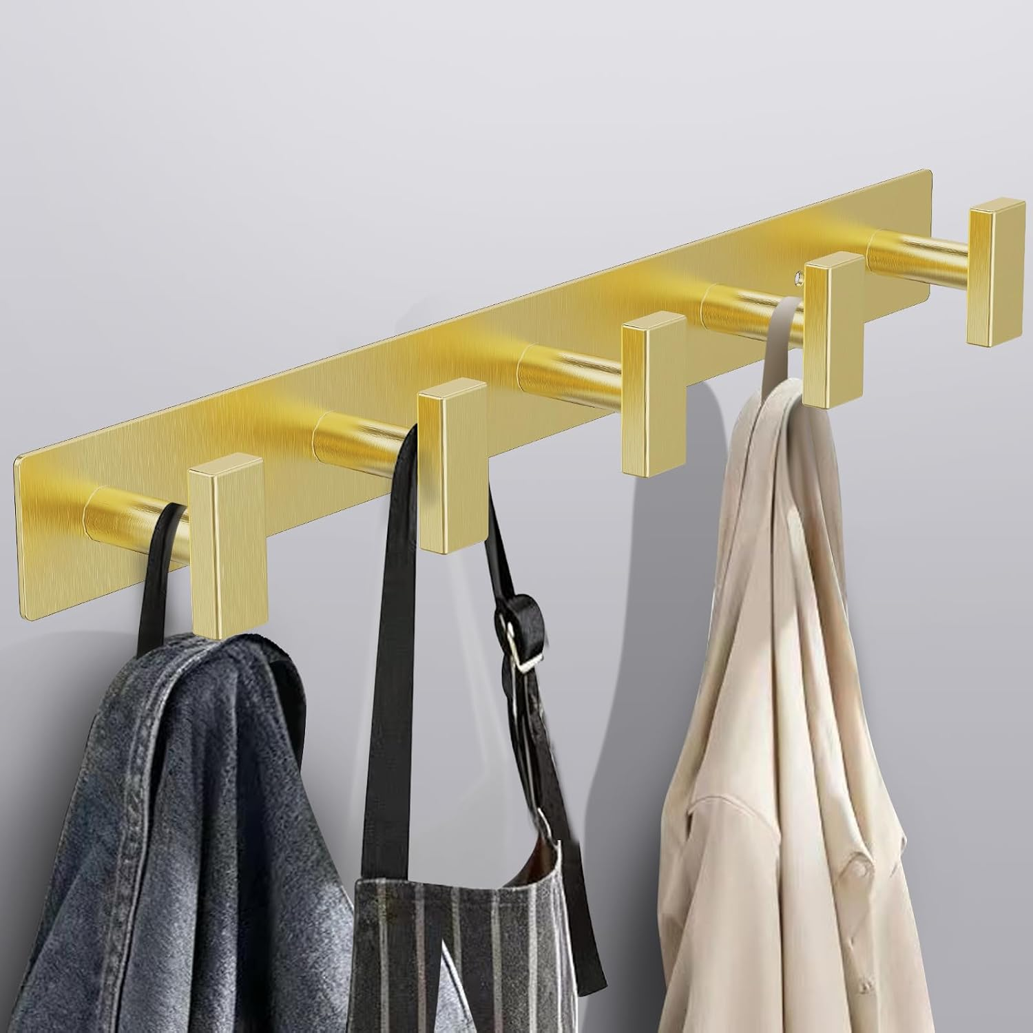 Coat Rack Wall Mount - 5 Hat and Coat Hooks, Heavy Duty Towel Racks for Bathroom Entryway, Wall Hooks for Hanging Robes Bags, Hat Rack Key Hanger Organizer (Gold)