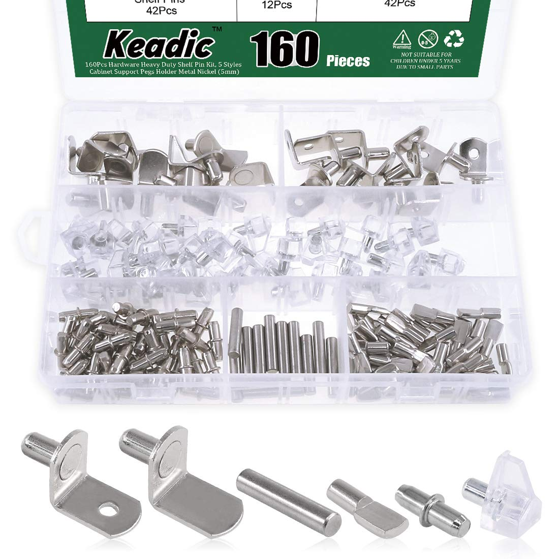 160Pcs Nickel Plated Shelf Pegs Shelves Pins Kit, 5 Styles Hardware Heavy Duty Shelf Pin Cabinet Furniture Shelf Pins Support Bracket Pegs Cabinet Support Shelf Pins for Furniture (5mm & 6mm)