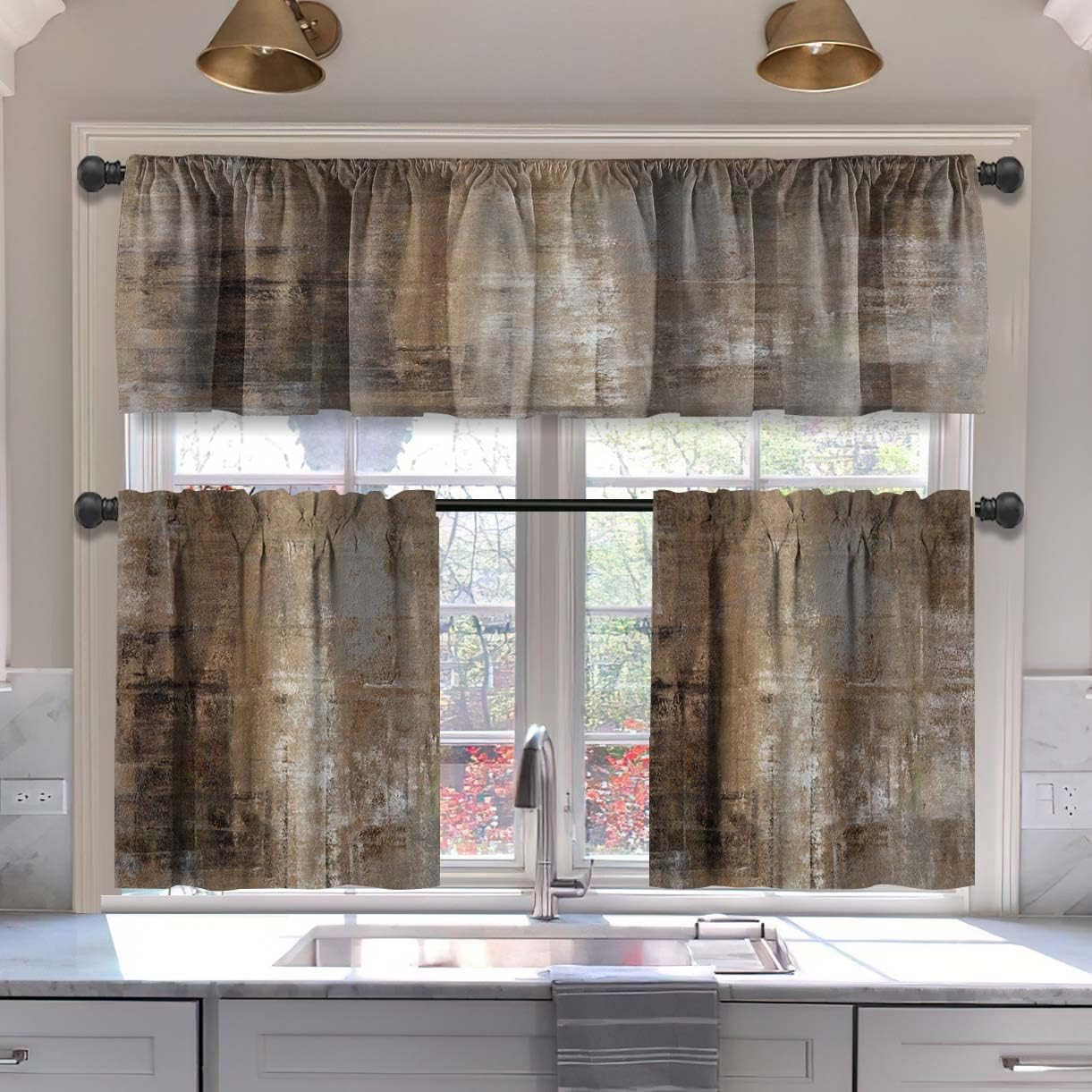 Brown Blackout Kitchen Curtains Tiers and Valances Set 3 Piece for Windows Grey Kitchen Window Curtains Set,Modern Abstract Art Valances for Living Room(36