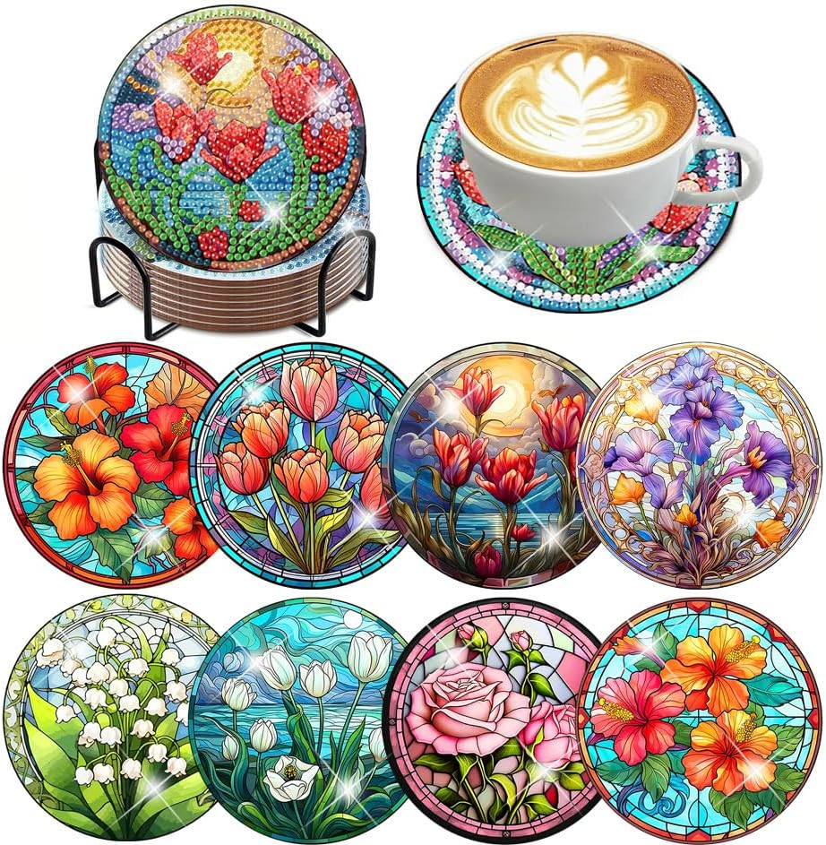 8 PCS Flowers Diamond Art Coasters Diamond Painting Coasters Kits with Holder 