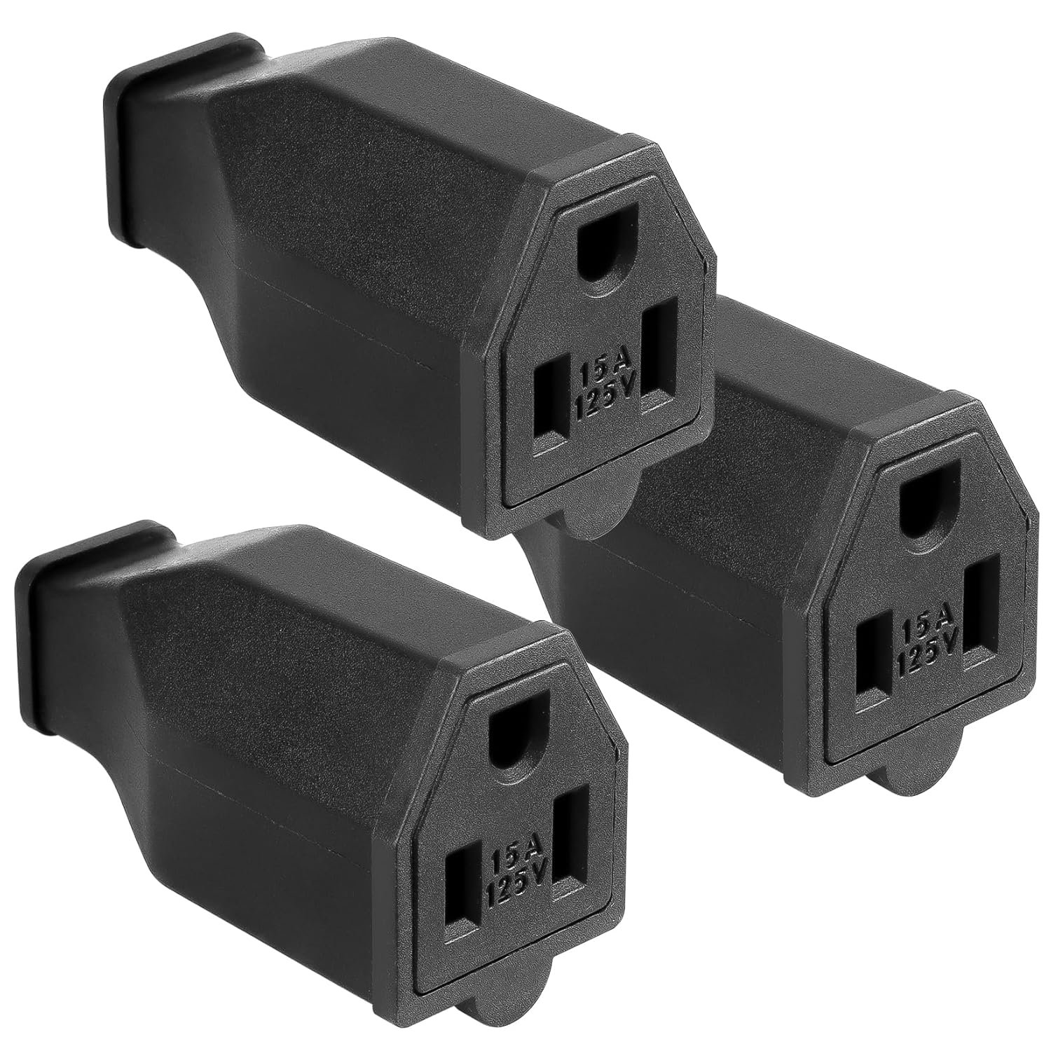 2-Pole, 3 Wire Grounding Plug Female Extension Cord Straight Blade Plug Replacement Electrical Connector End, 15A 125V Black,3Pack (Female)