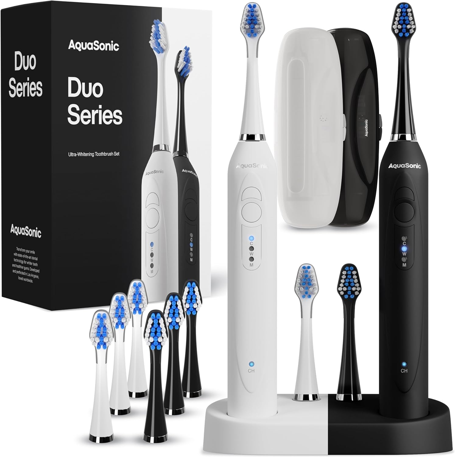 Duo Dual Handle Ultra Whitening 40,000 VPM Wireless Charging Electric Toothbrushes - 3 Modes with Smart Timers - 10 Dupont Brush Heads & 2 Travel Cases Included
