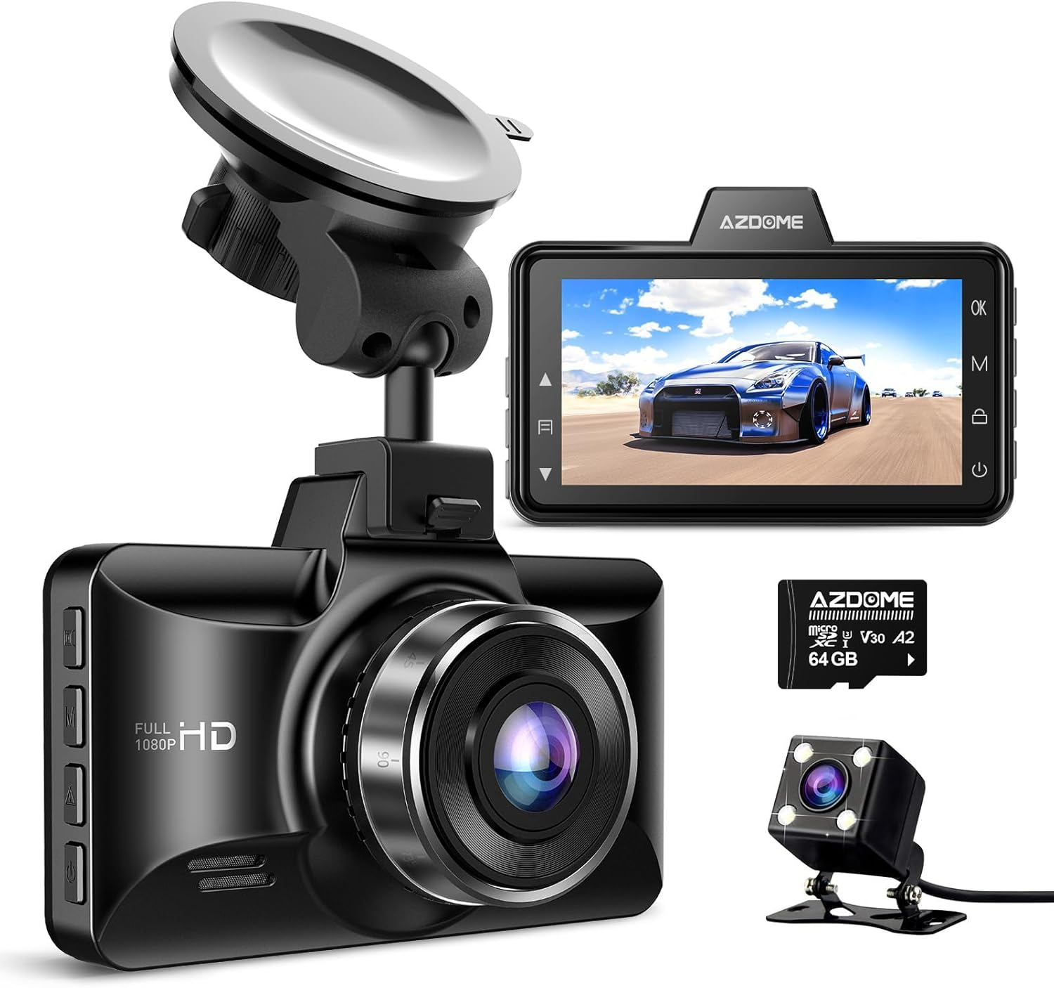 AZDOME M01 Dual Dash Cam Front and Rear with Free 64GB Card, 3