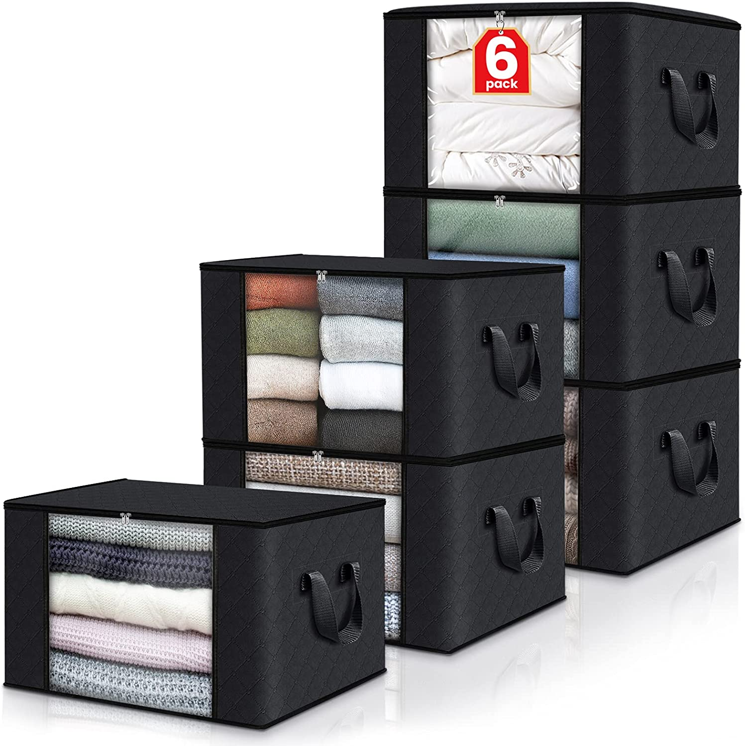 6 Pack Clothes Storage, Foldable Thick Fabric Blanket Storage Bags, Storage Containers for Organizing Bedroom, Closet, Clothing, Comforter, Organization and Storage with Handle,Black