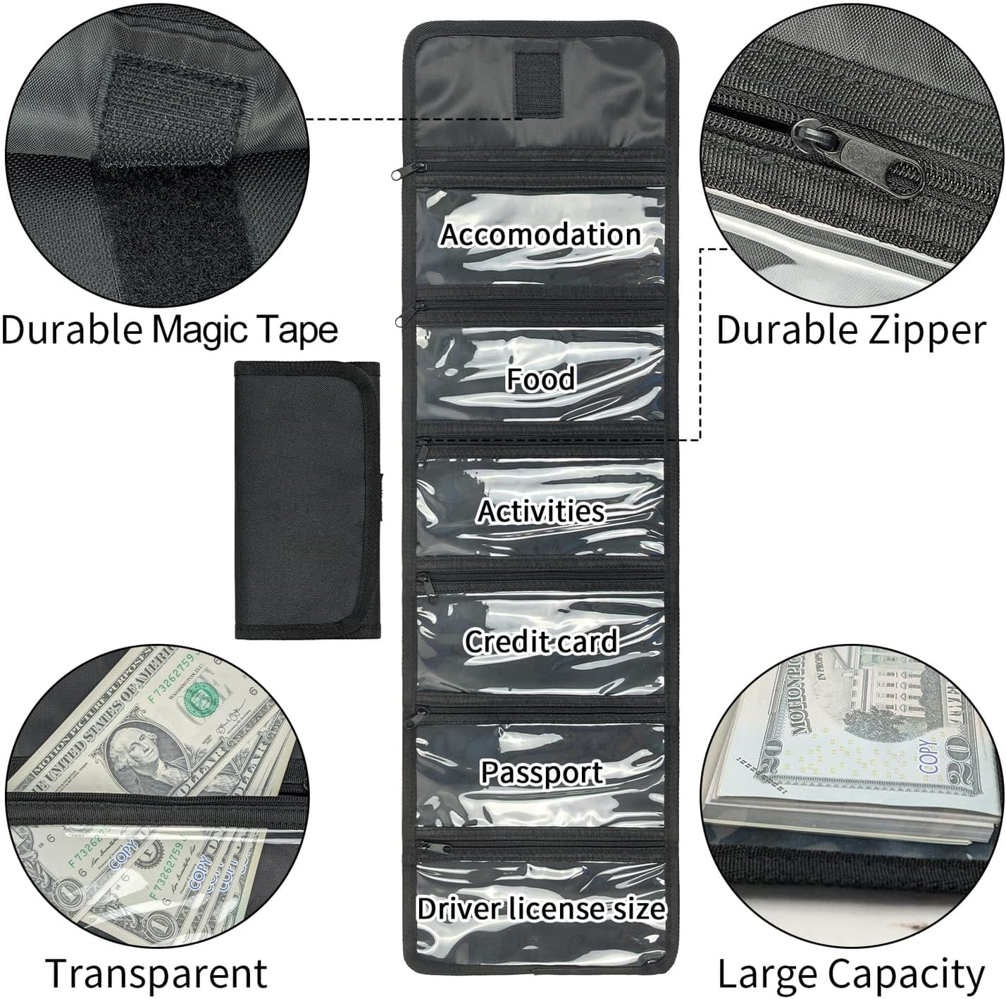 Money Wallet, Organizer for Cash with 6 Zippered Pocket Multipack Pouch, Bill... - Picture 5 of 13