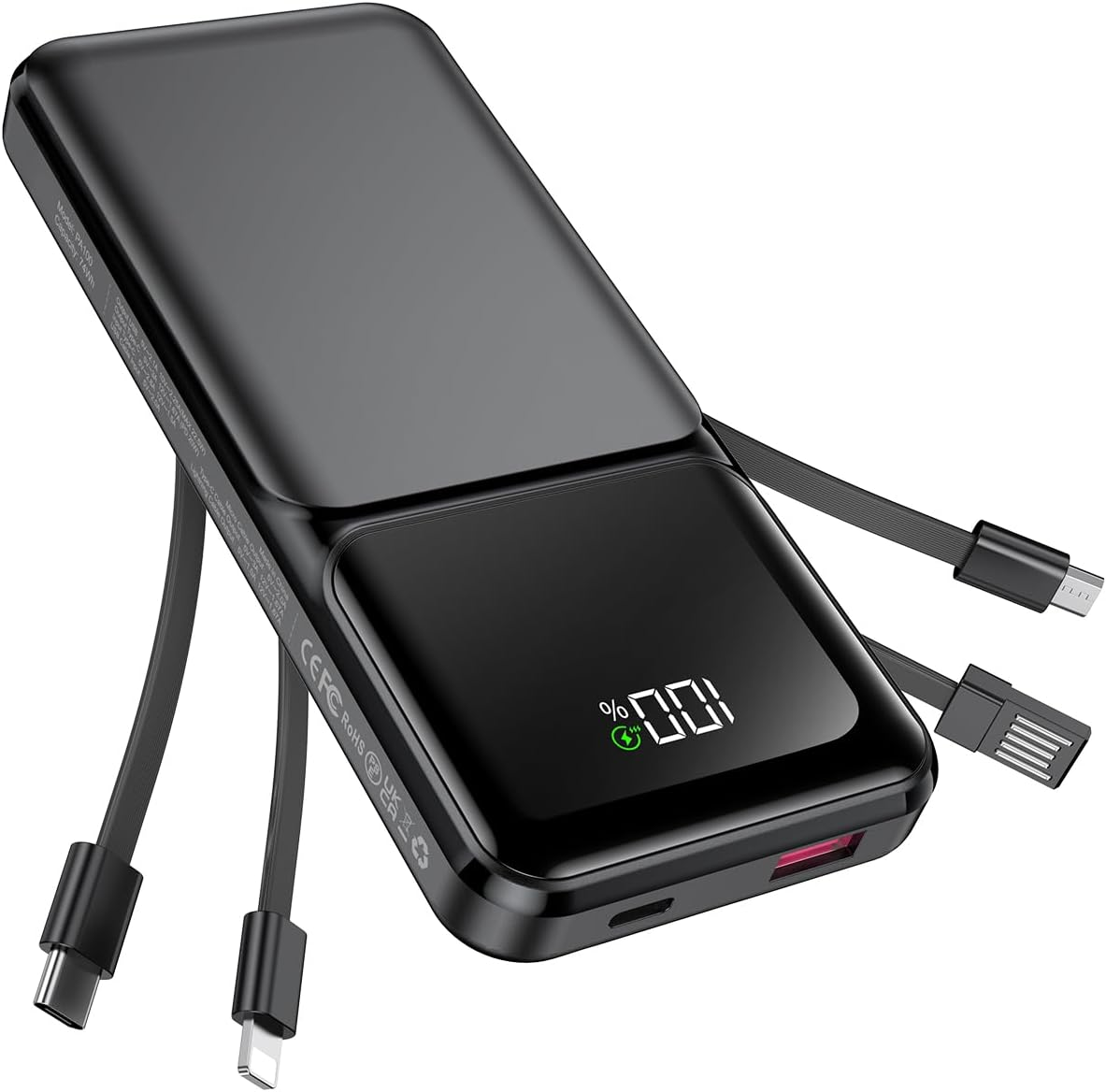 Portable Charger with Built in Cable - 20000Mah Fast Charging 22.5W Slim Power Bank USB C LED Display Travel Battery Pack 5 Outputs & 3 Inputs for Iphone Samsung Android Ipad Phones Tablets Etc