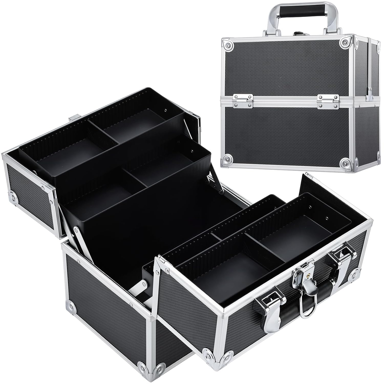Makeup Train Case Cosmetic Organizer Case Professional Makeup Storage Box 4 Trays with Divider Lockable Travel Case Portable Travel Makeup Box for Makeup Artist, Carfter, Cosmetics Black