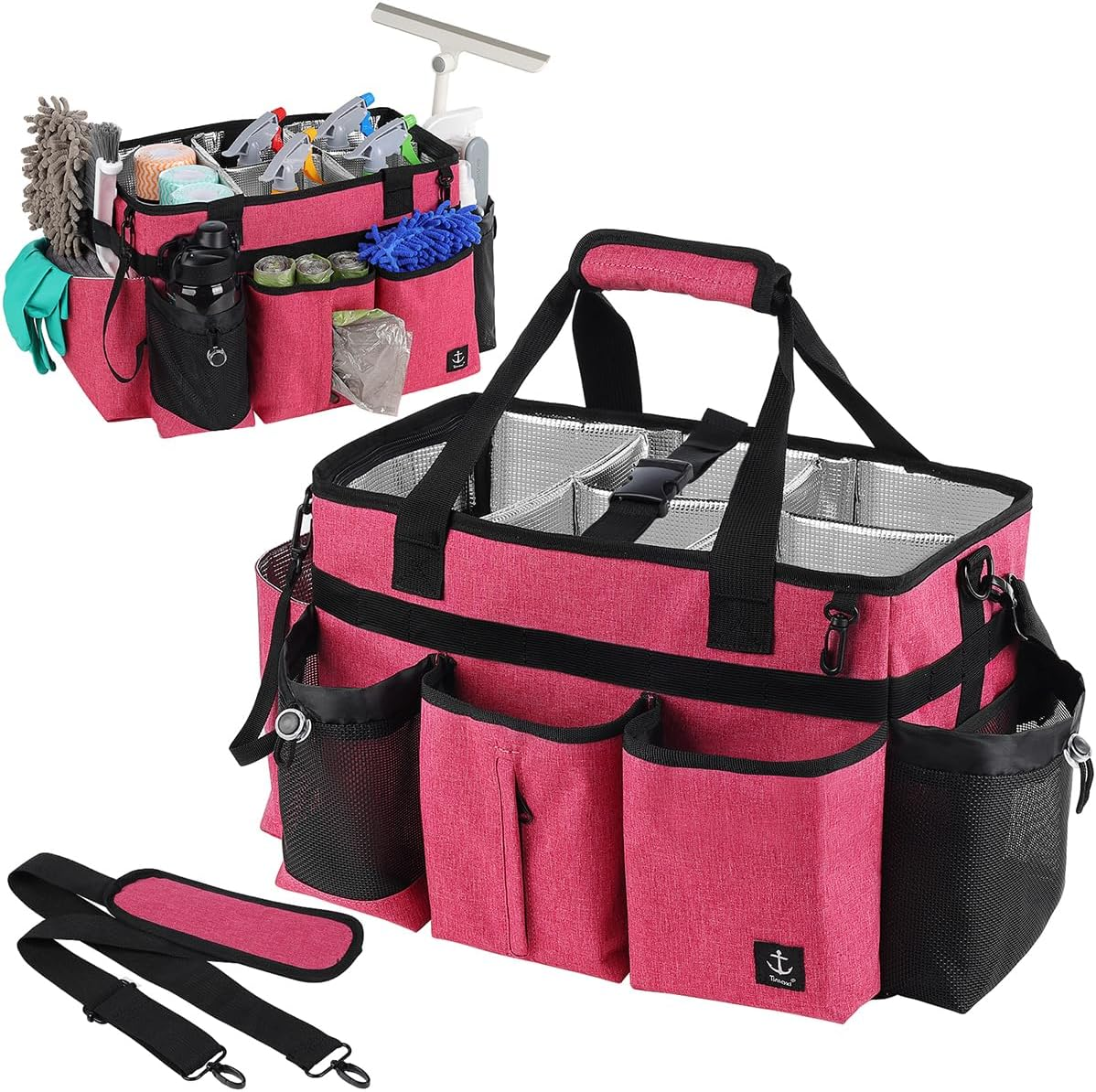Large Cleaning Caddy Bag Built-In Sturdy Support Board, Cleaning Organizer with Detachable Divider, Cleaning Supply Tote with Adjustable Shoulder Strap&Waist Belt for Cleaners & Housekeeper