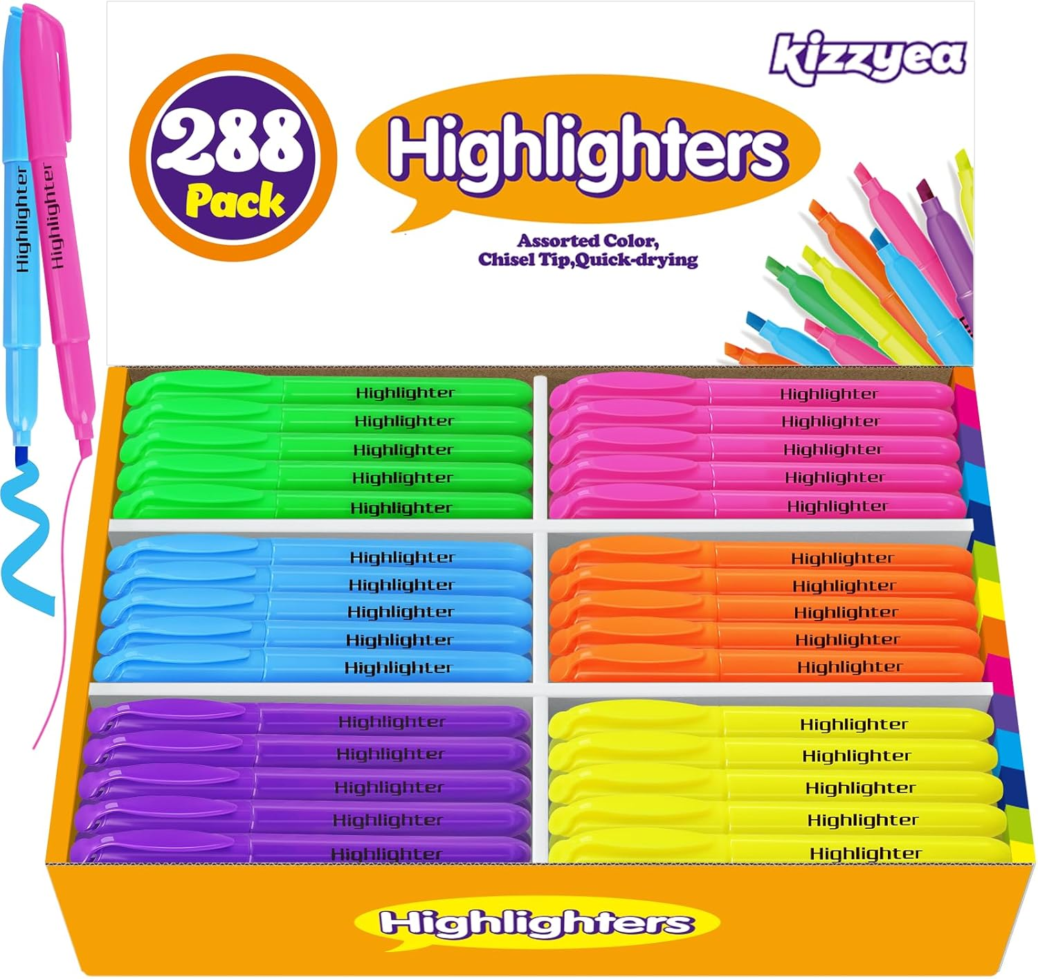 288 Pack Highlighters in 6 Assorted Colors, Chisel Tip Dry-Quickly Highlighters Bulk, No Bleed Highlighter Markers for Adult Kids, Office Classroom Must Have, School Supplies for Teachers