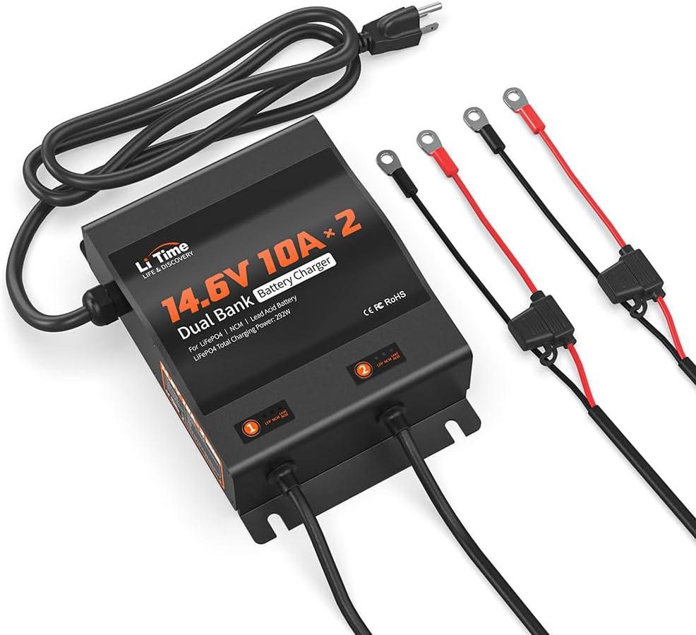 Litime 2-Bank 10A (10A/Bank) Dual Smart Battery Charger, 14.6V Lifepo4 Battery Charger AC-DC Charger with Fuse, LED Indicator for RV, Boat, Motorcycle, Lawn Mower, Trolling Motor and Lead Acid Battery